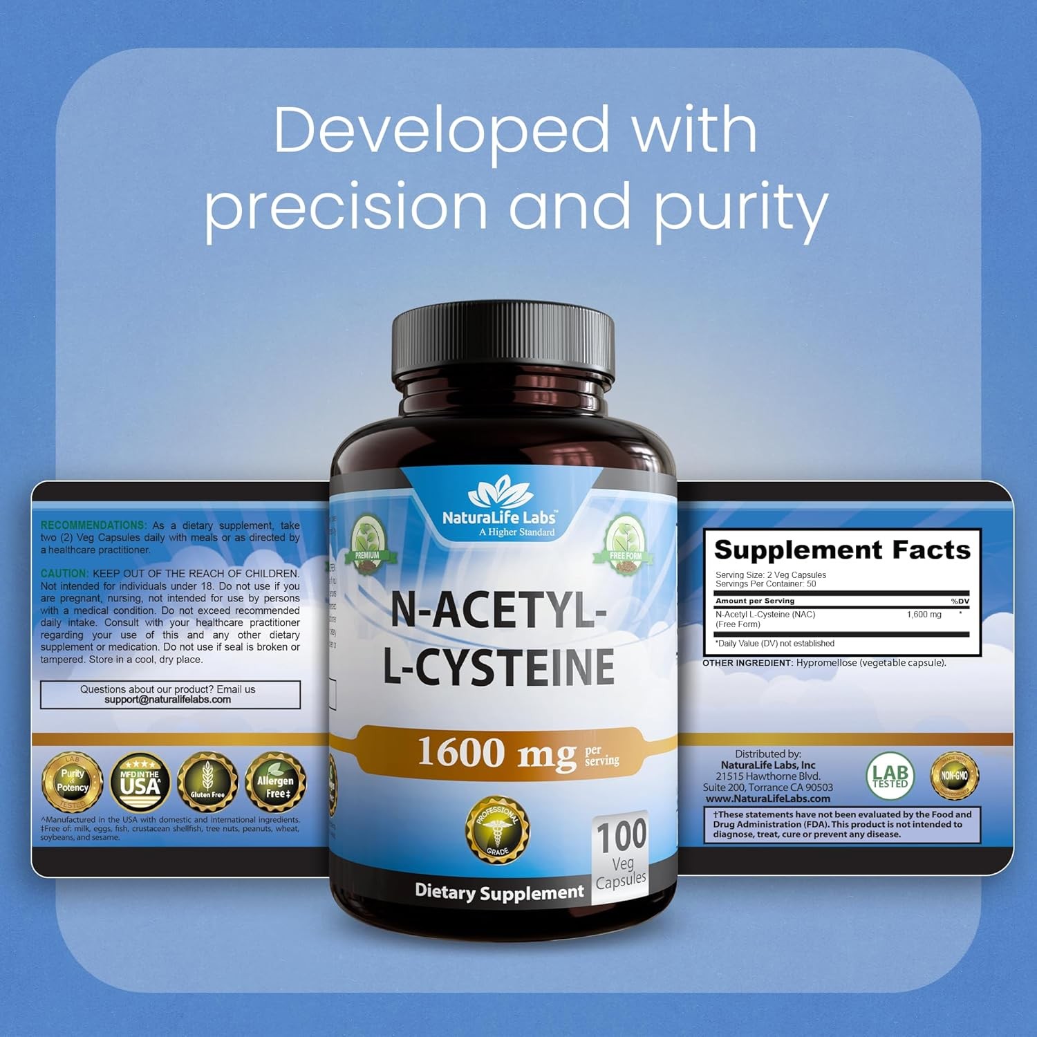 N-Acetyl-L-Cysteine (NAC) 1600 Mg – 100 Capsules, Non-Gmo & Gluten-Free