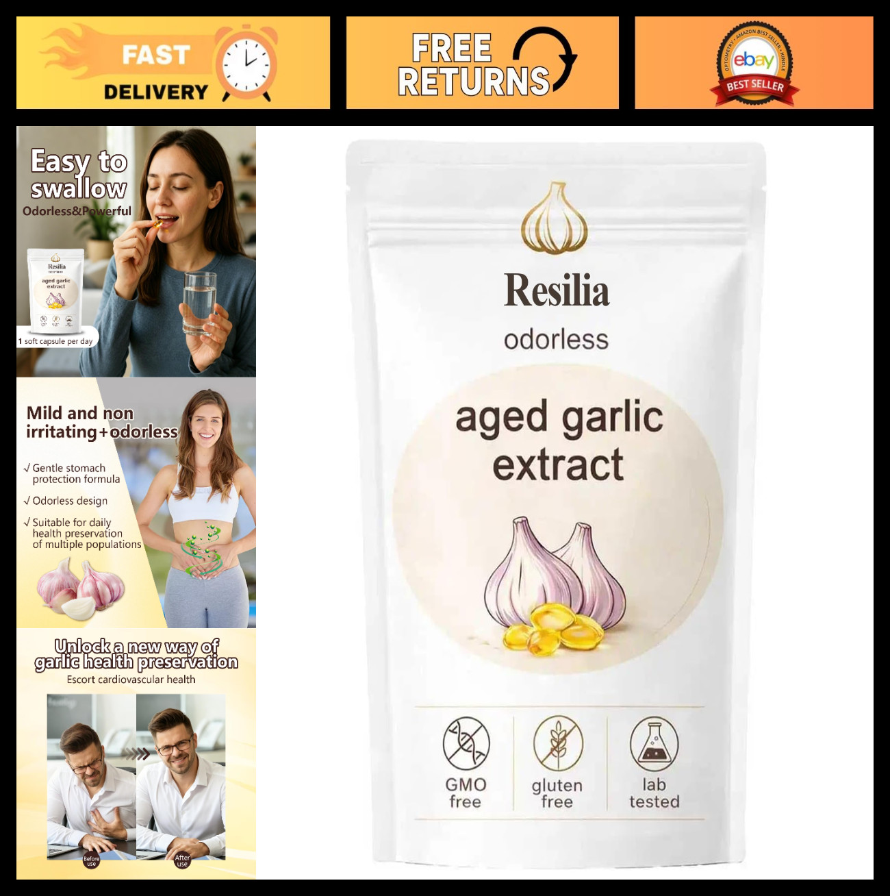 Aged Odorless Garlic Softgels – 240 Count, Non-GMO, Gluten-Free, Daily Wellness