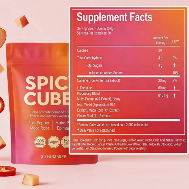 Peach Gummies Spicy Cubes 30 Gummies 1/2 Bag Support for Calm and Relaxation Hot