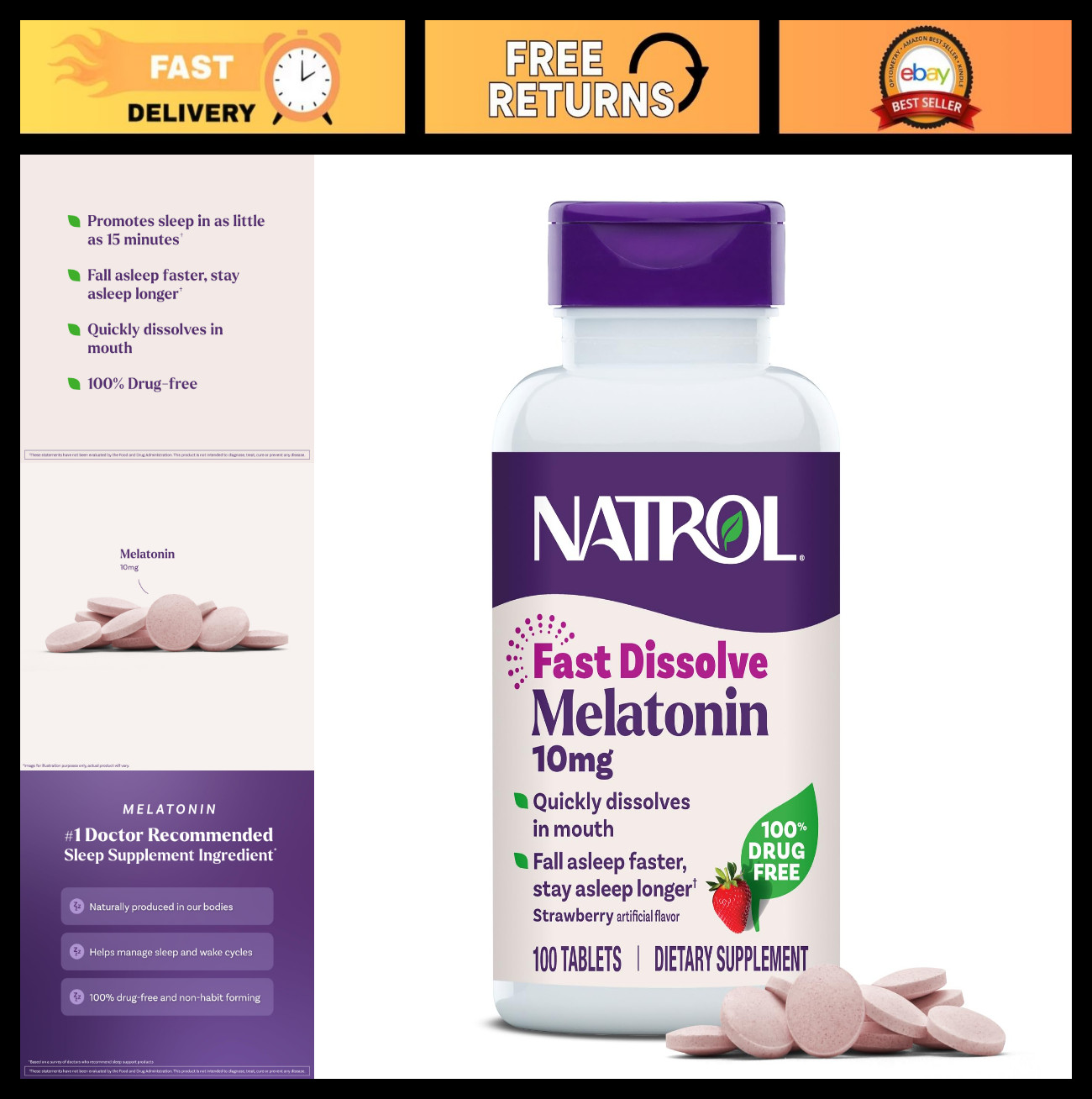 Fast Dissolve Melatonin 10mg Tablets – Strawberry Flavor, 100 Count, Sleep Aid