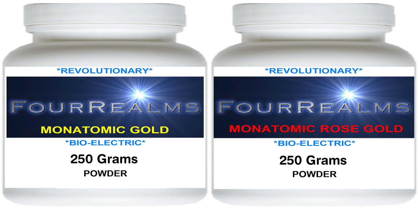 MONATOMIC GOLD ORMUS + MONATOMIC ROSE GOLD ORMUS – 250 GRAMS EACH by Four Realms