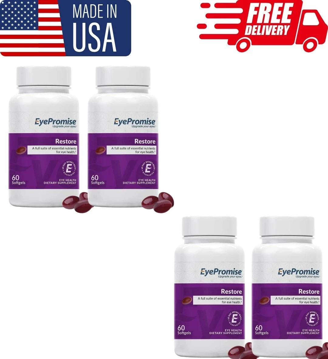 Pack of 4 EyePromise Restore Macular Health Supplement 180 Softgels NEW
