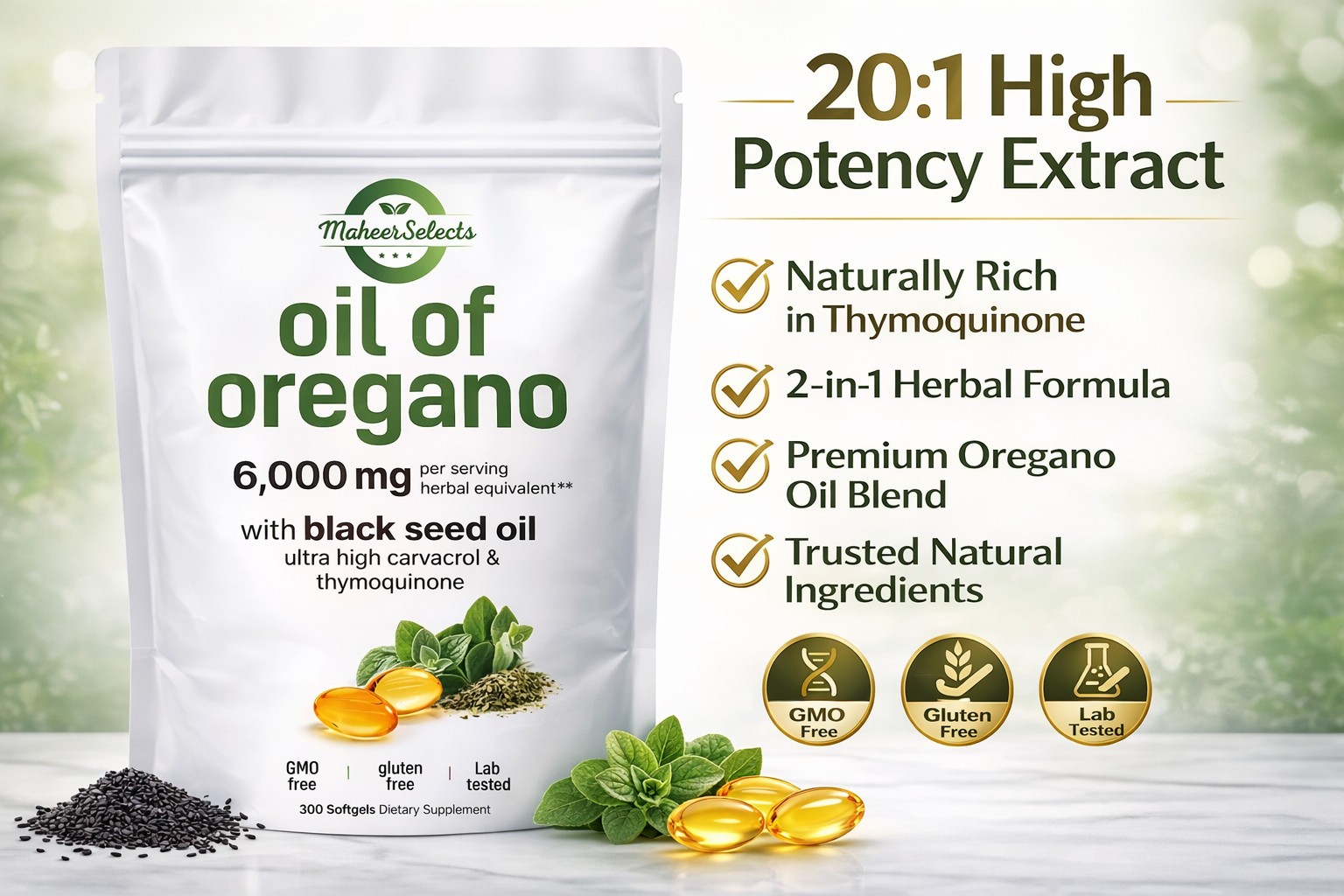 3 Pack Oil of Oregano 6000mg Black Seed Oil 900 Softgels Immune Digestive Carvac