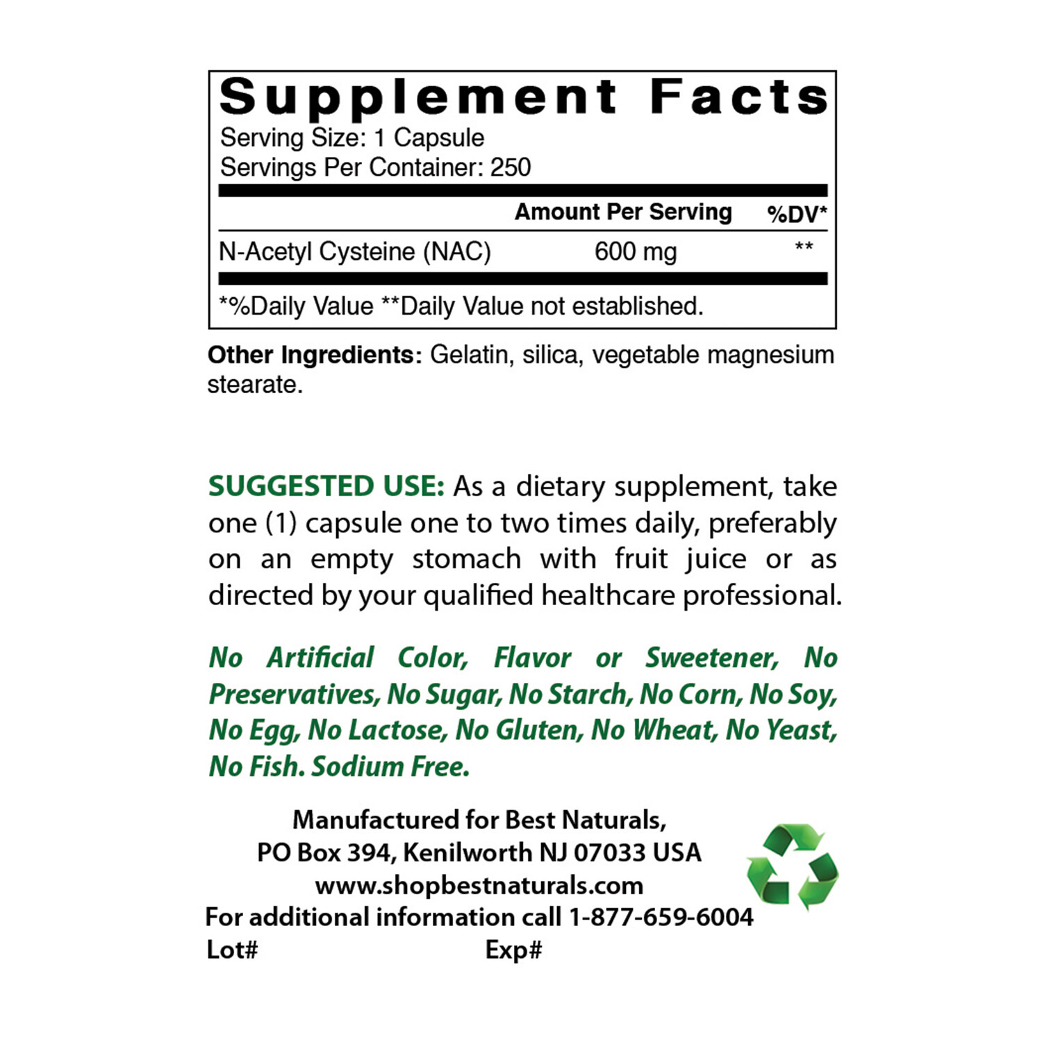Best Naturals NAC 600 mg 250 Capsules
