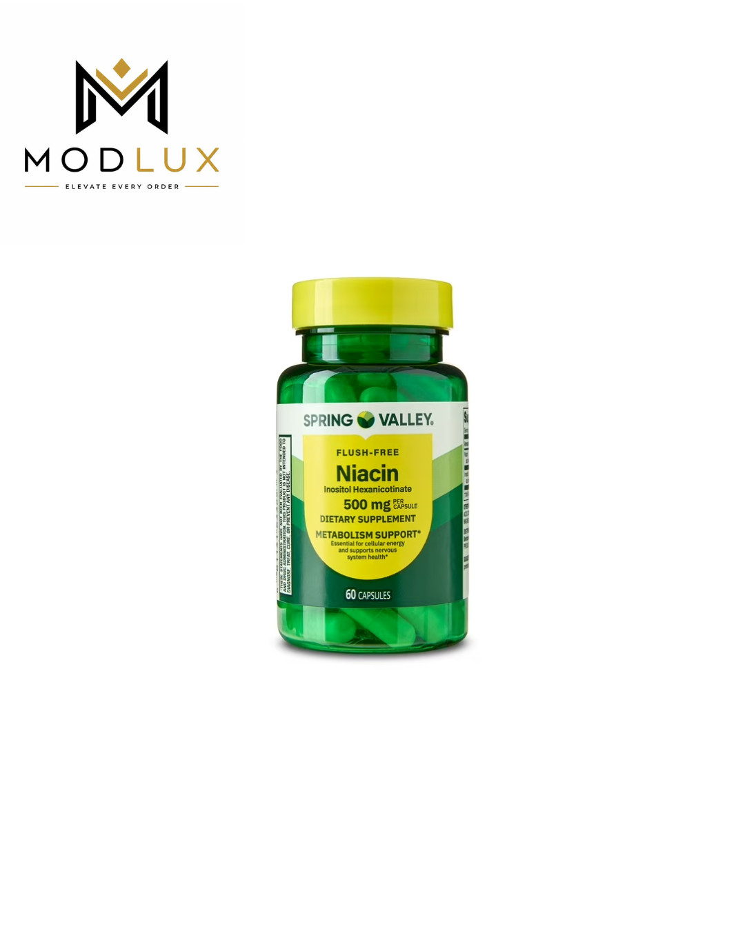 Spring Valley Flush Free Niacin 500mg Capsules Metabolism Support, 60 Count