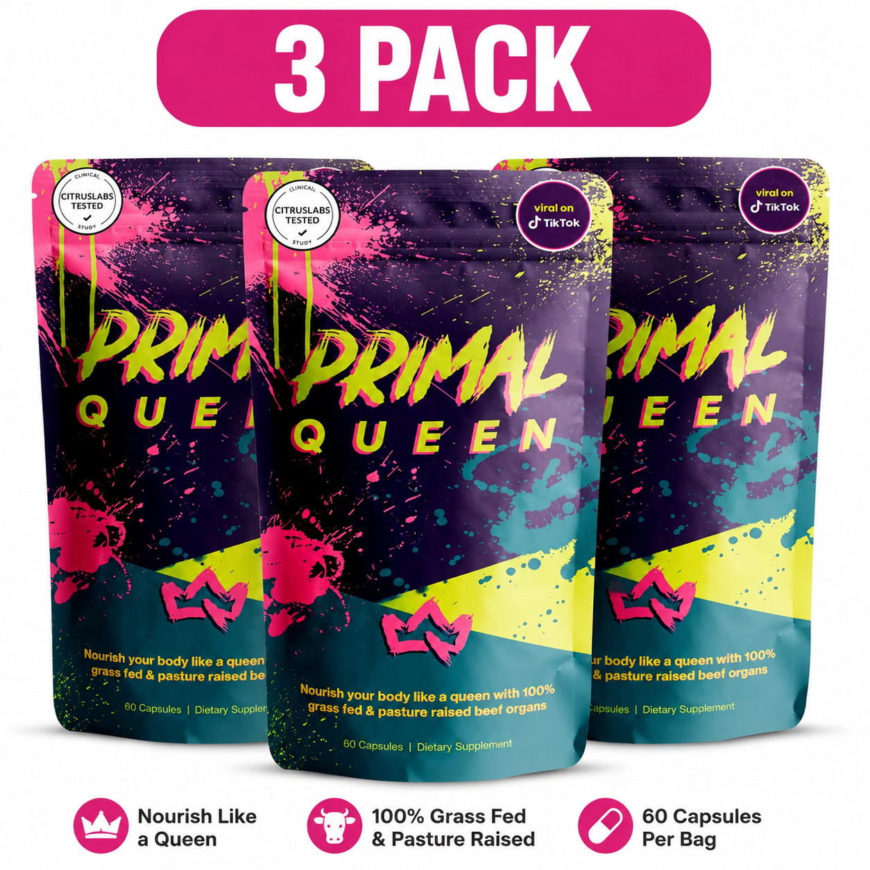 3PCS Primal Queen Supplement for Women 60 CountsBeef Organ Free Shipping !