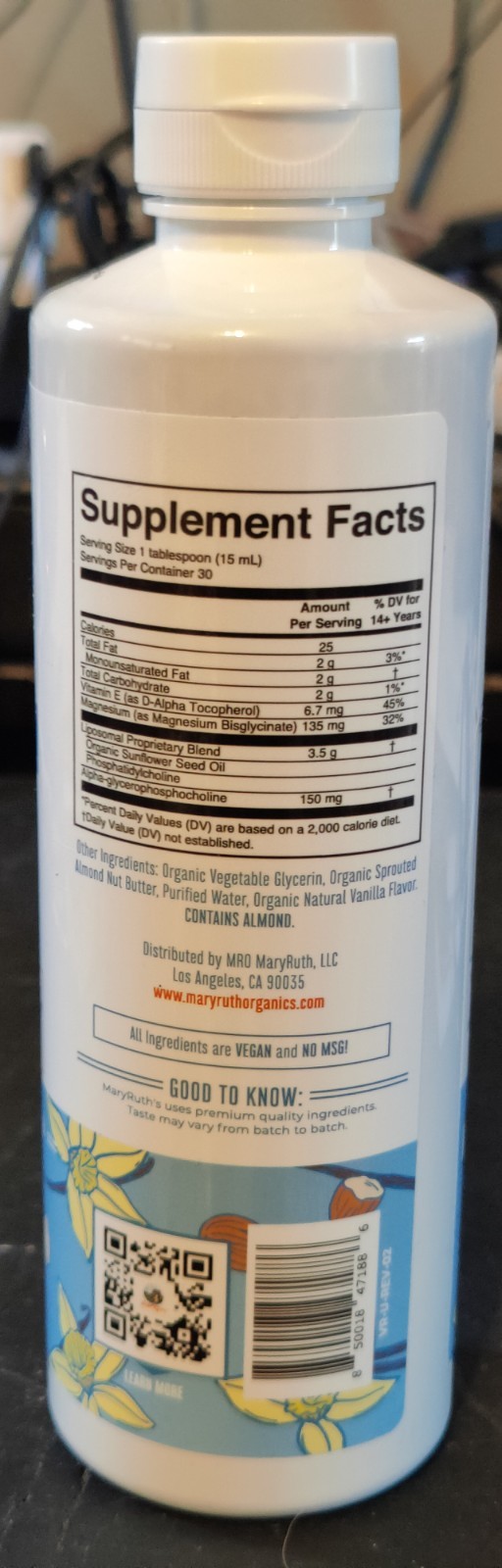 MARYRUTH’S Magnesium Calm Liposomal – Almond Vanilla (15.22 Fl. Oz. / 30 Serving