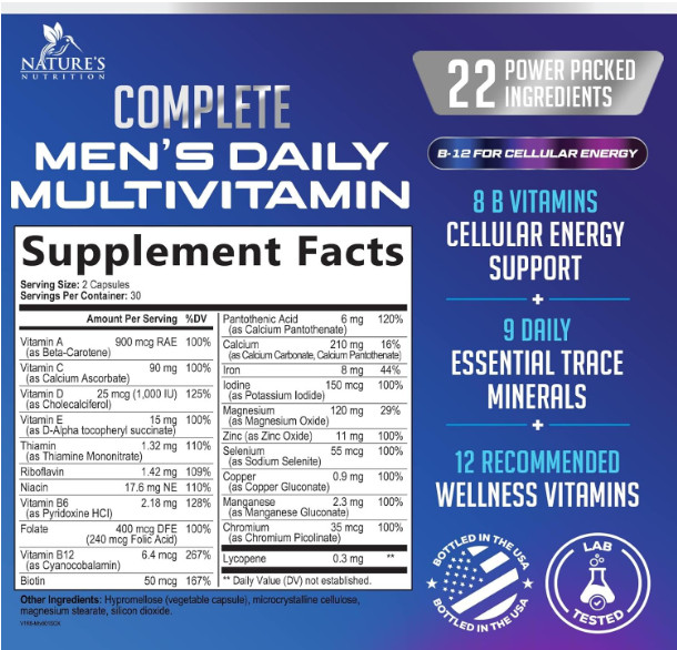 Multivitamin for Men Vitamin A, C, D, E, Zinc, Calcium, Multivitamins for Immune
