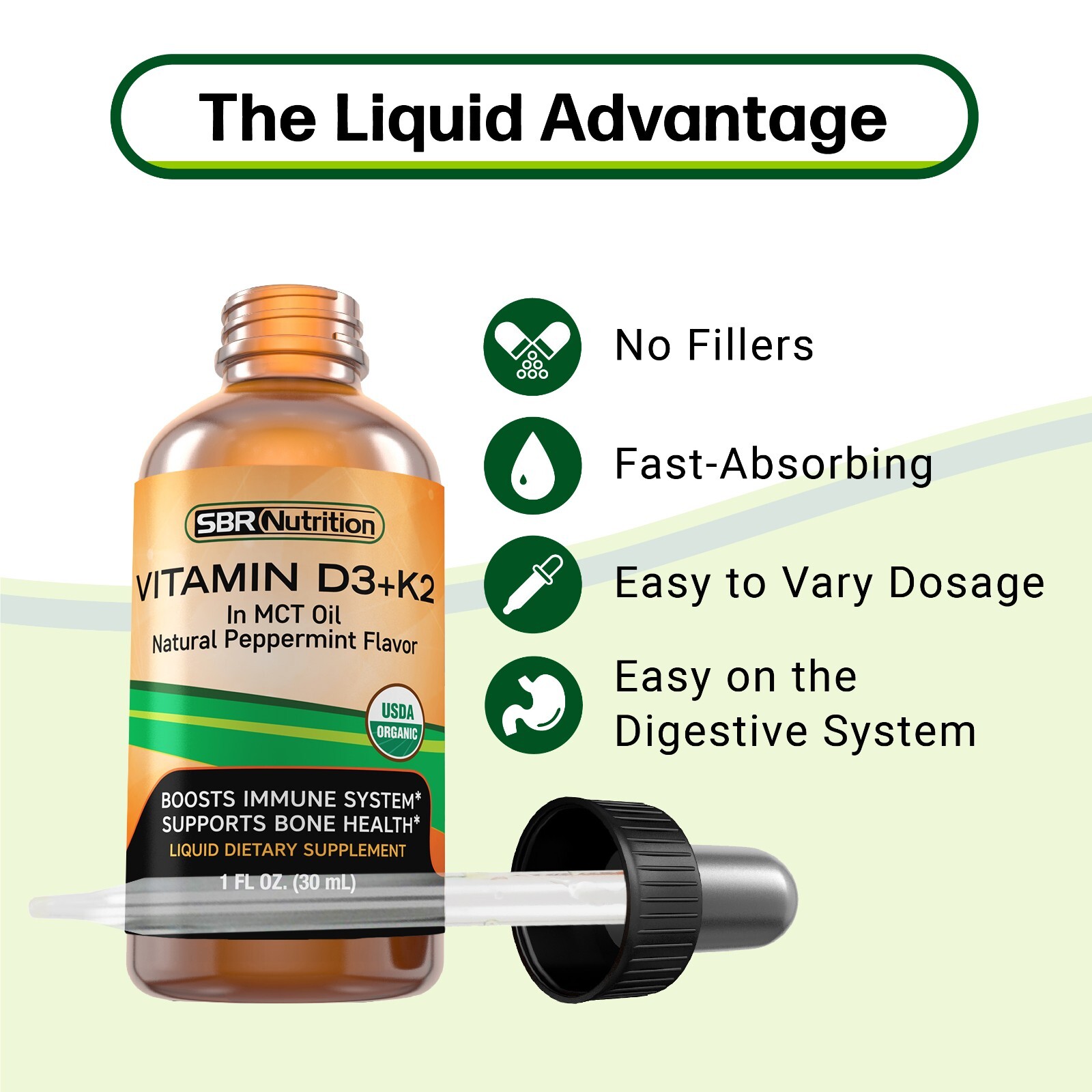 Vitamin D3+K2(MK-7) Liquid Drops, MCT Oil, Immune Support, USDA Organic, 1 fl oz