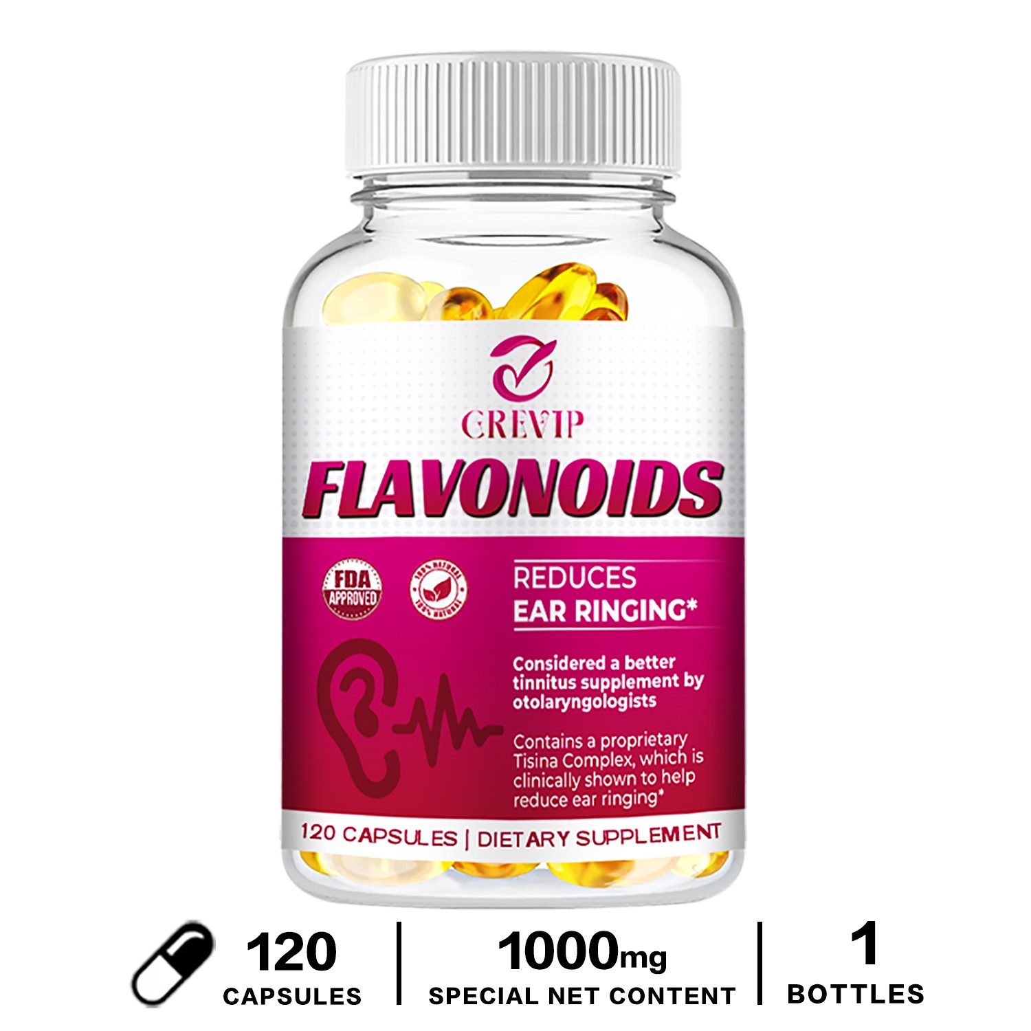 Flavonoids Capsules 1000mg -Tinnitus Relief Formula, Hearing Support, Ear Health
