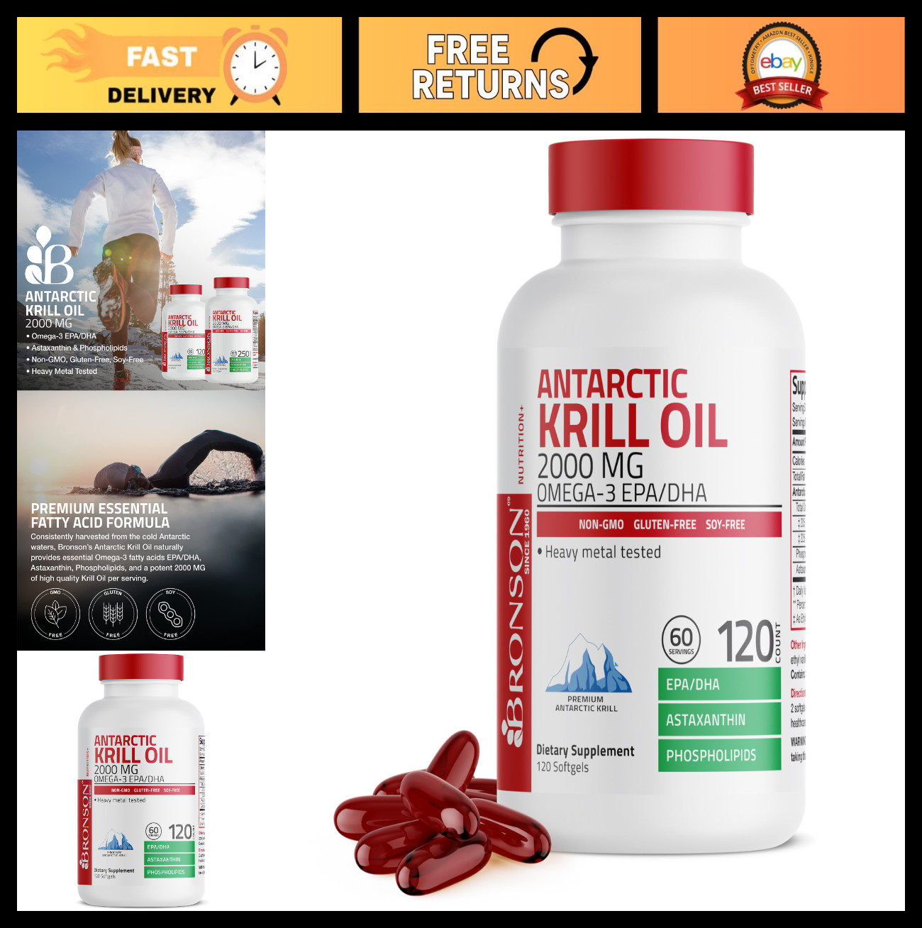 Antarctic Krill Oil 2000mg Softgels – Omega-3, EPA, DHA, Astaxanthin, Non-GMO, G