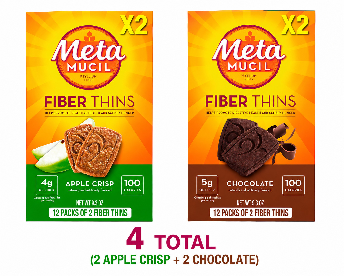 Metamucil Fiber Thins Apple Crisp & Chocolate Bundle 4 Boxes ,48 Snacks Packs