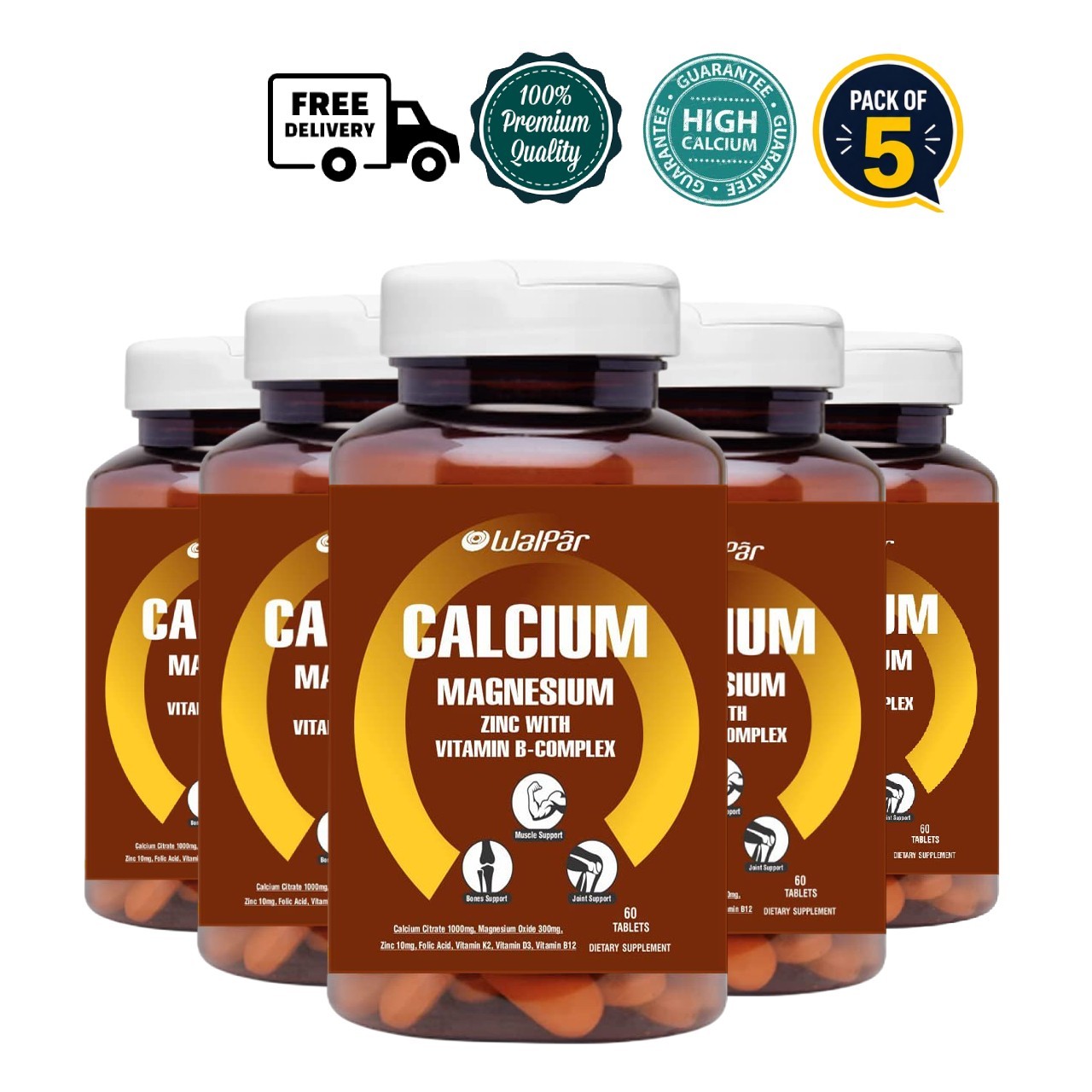 5 Pack WAL.PAR Calcium Citrate 1300mg Magnesium Zinc D3 B12