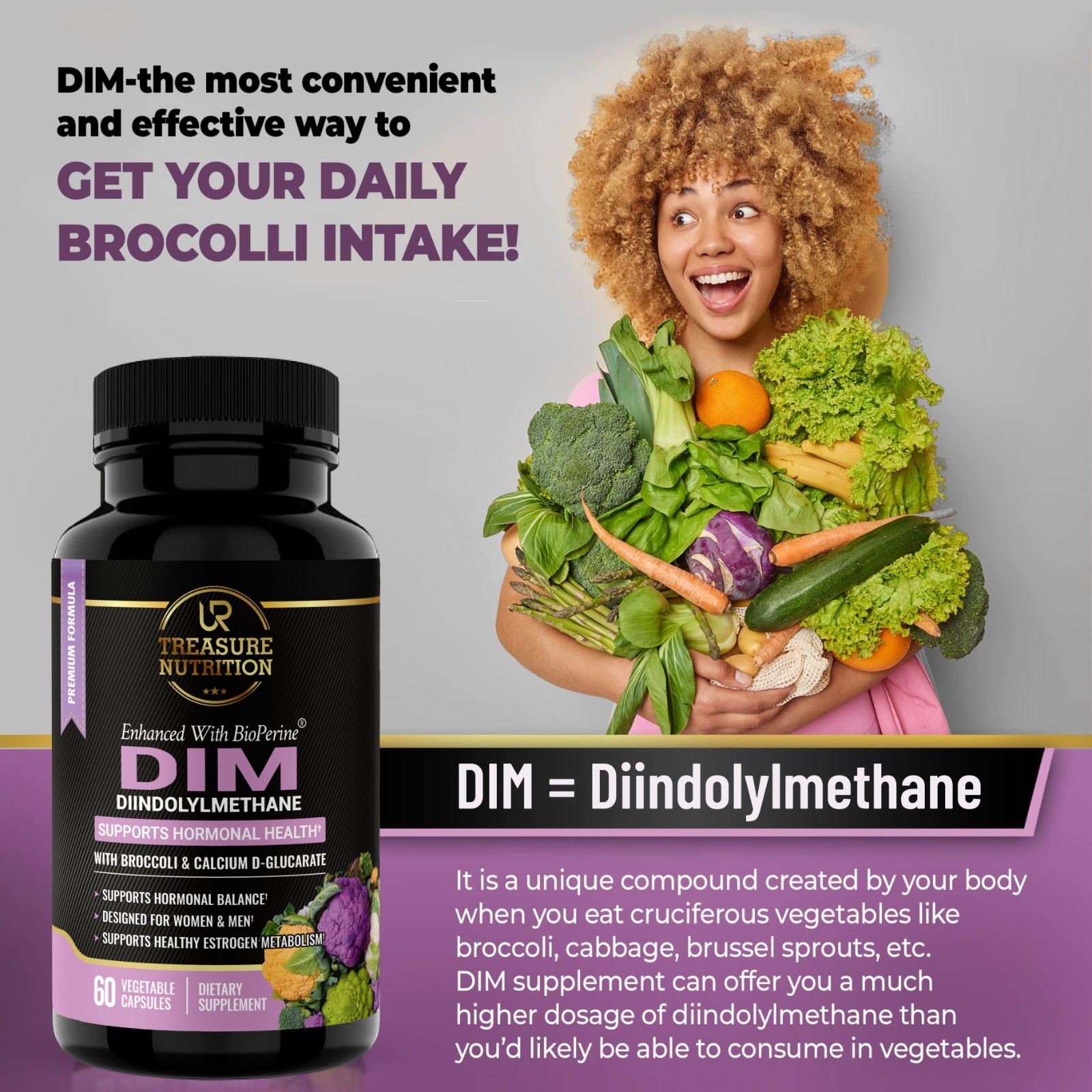 DIM Supplement with Broccoli Extract and BioPerine, Natural Hormone Balance 60ct