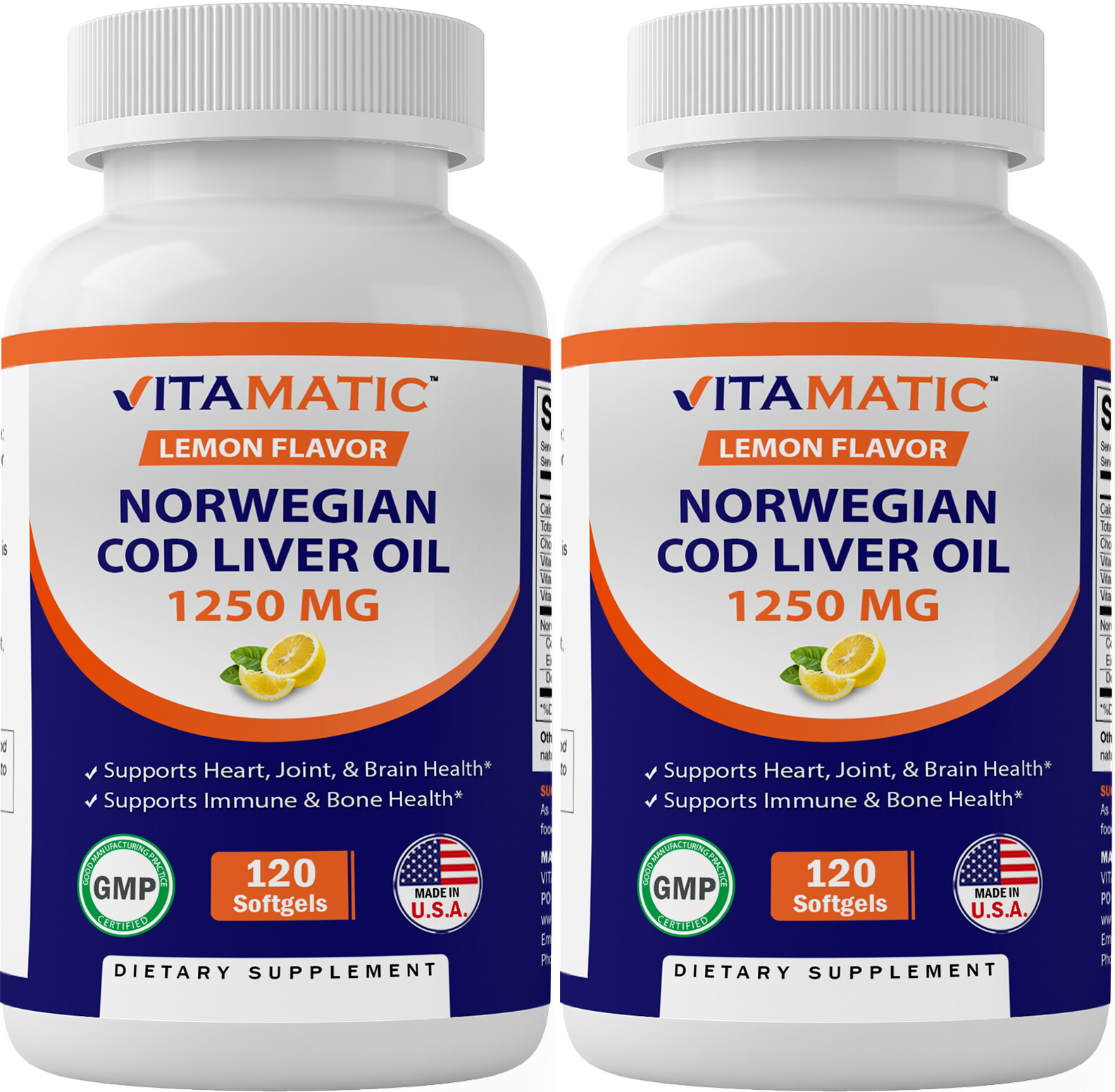 2 Pack – Vitamatic Norwegian Cod Liver Oil 1250mg 240 Softgels (Lemon Flavor)