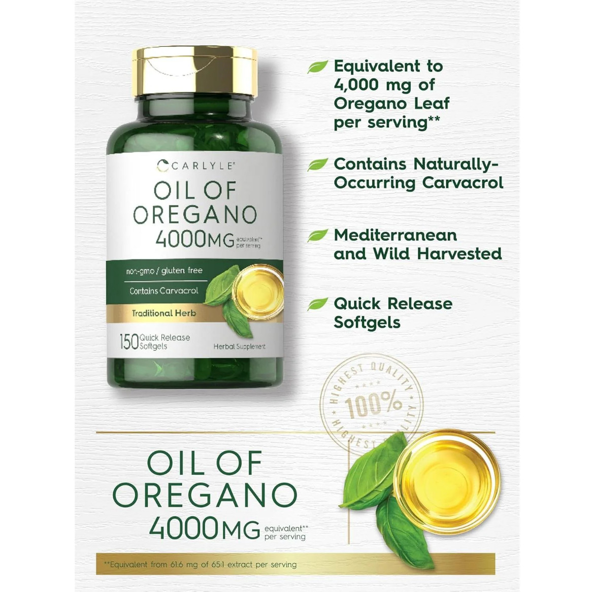 Carlyle Oregano Oil 4000Mg Supplement Formula | 150 Softgel Capsules | Contain