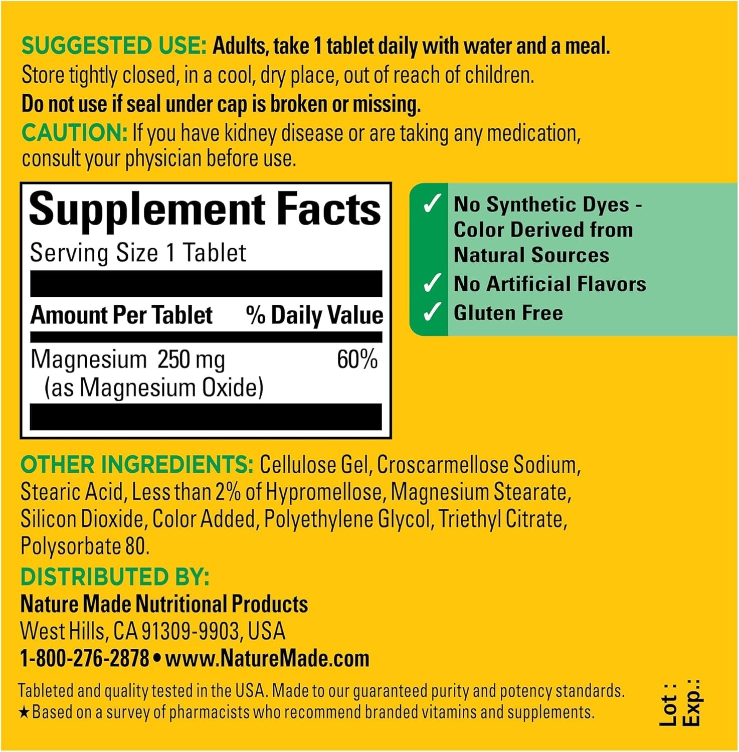 Magnesium Oxide 250 Mg, Dietary Supplement for Muscle, Heart, Bone and Nerve Hea