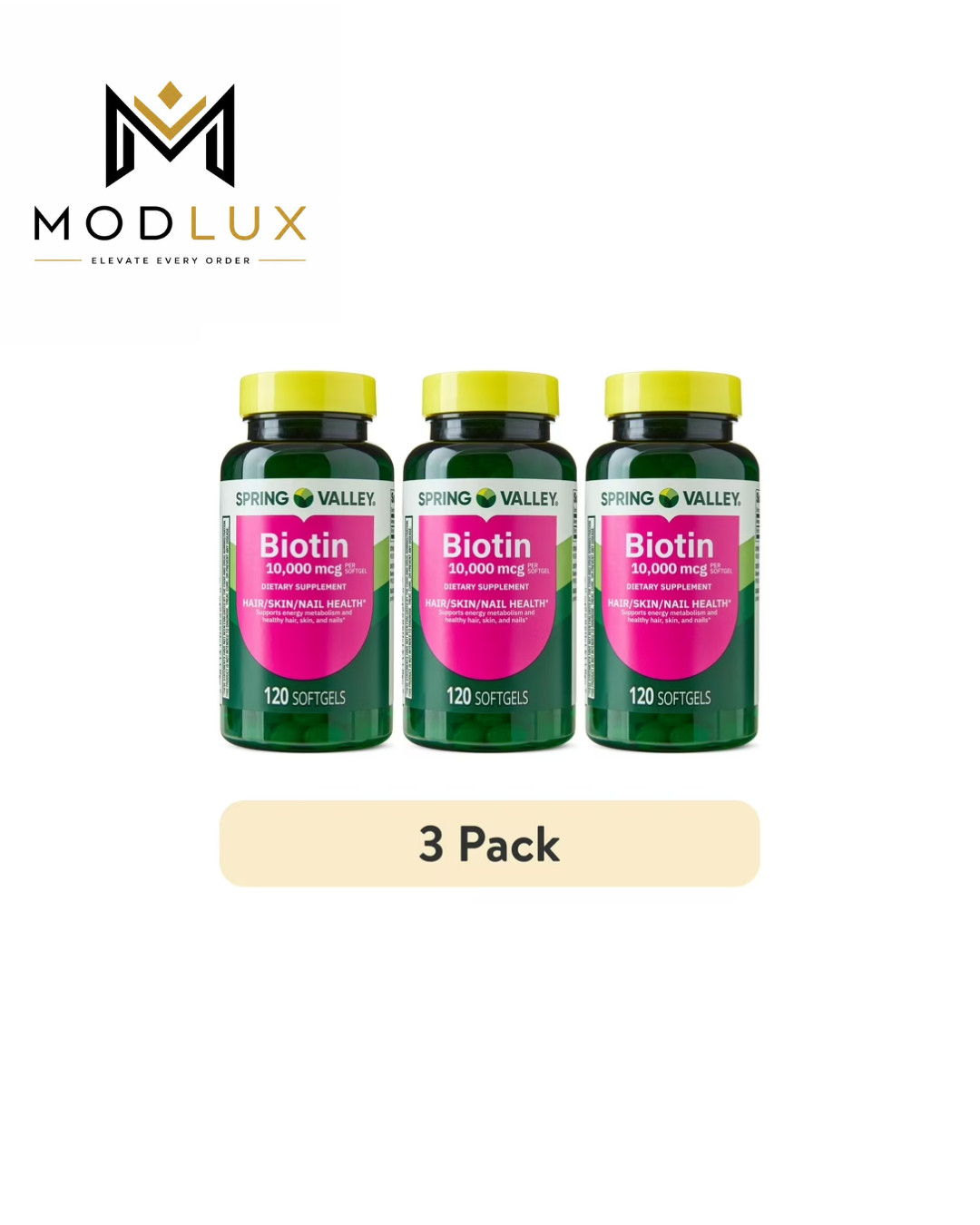 3 Pack Spring Valley Biotin Softgels 10000 mcg Hair Skin Nails 120 Count