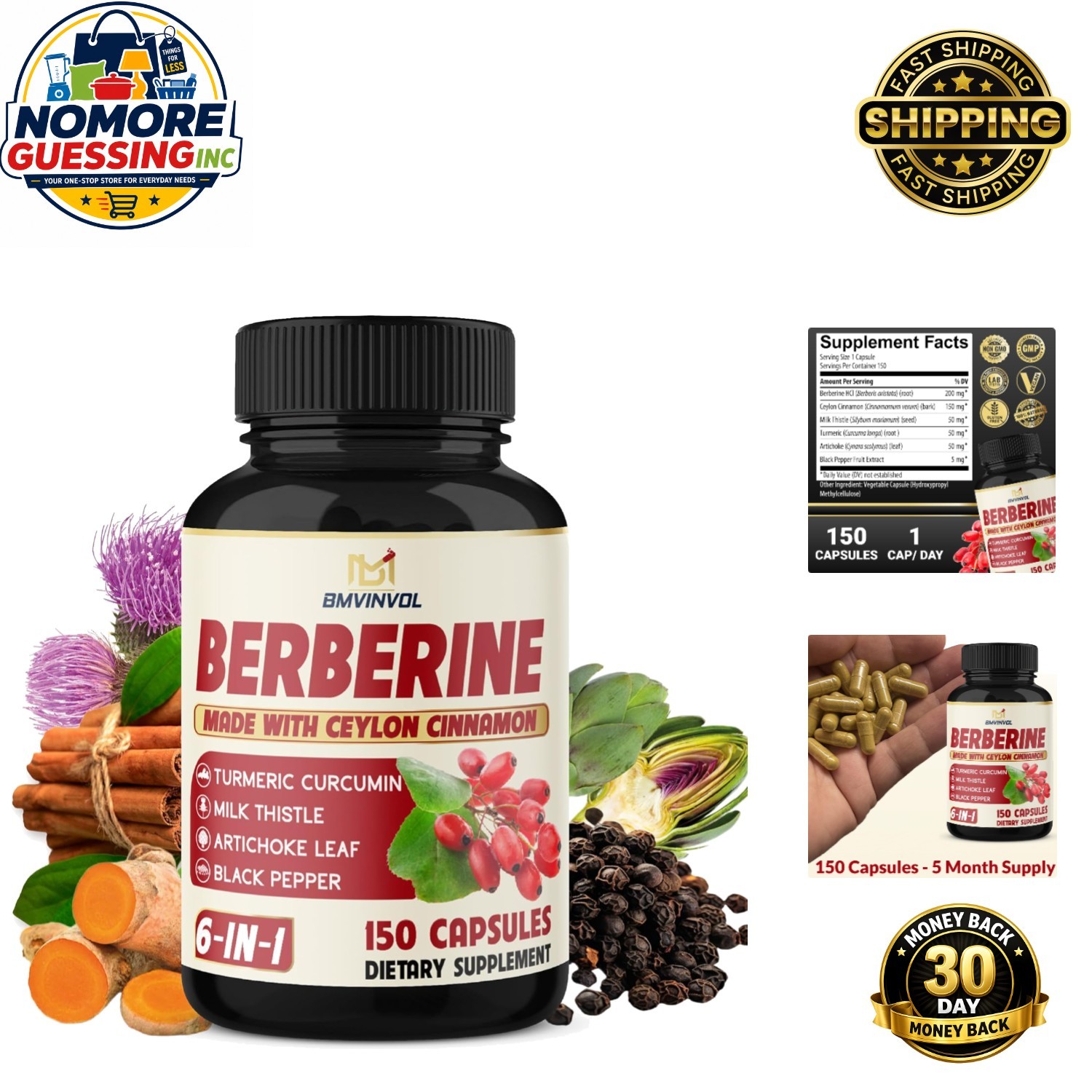 Berberine with Ceylon Cinnamon & Turmeric – 150 Count Immune Support Capsules