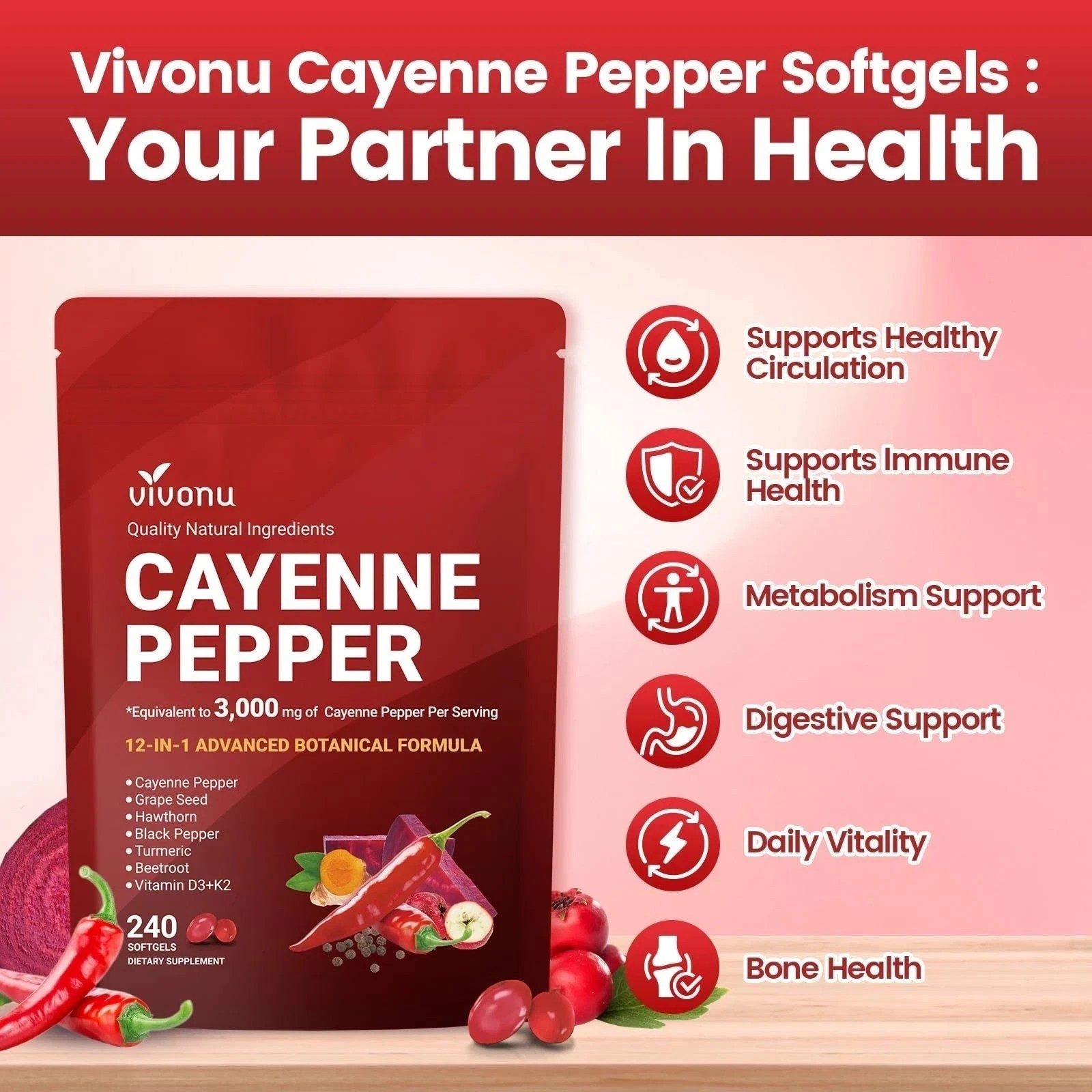 3PCS Cayenne Pepper Softgels Supplement,Supports Leg Vein,Heart and Blood Vessel