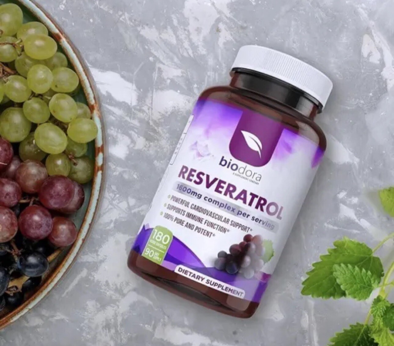 Biodora Resveratrol 1600mg, Trans-Resveratrol Antioxidant Supplement with Green