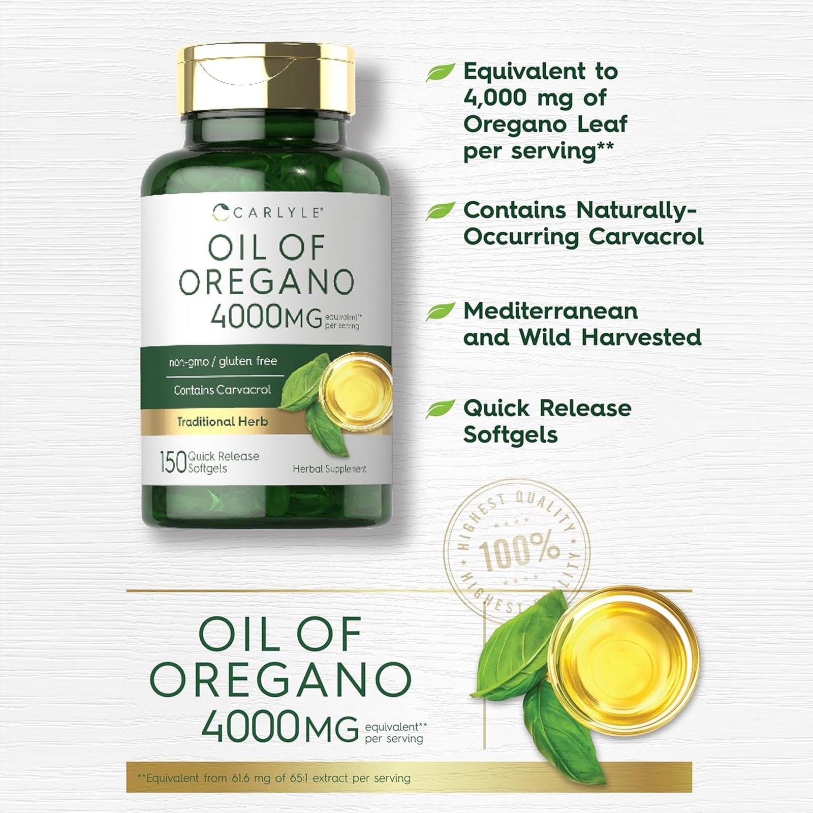 Carlyle Oregano Oil 400mg Supplement, 150 Softgels, Rich in Carvacrol, Non-GMO &