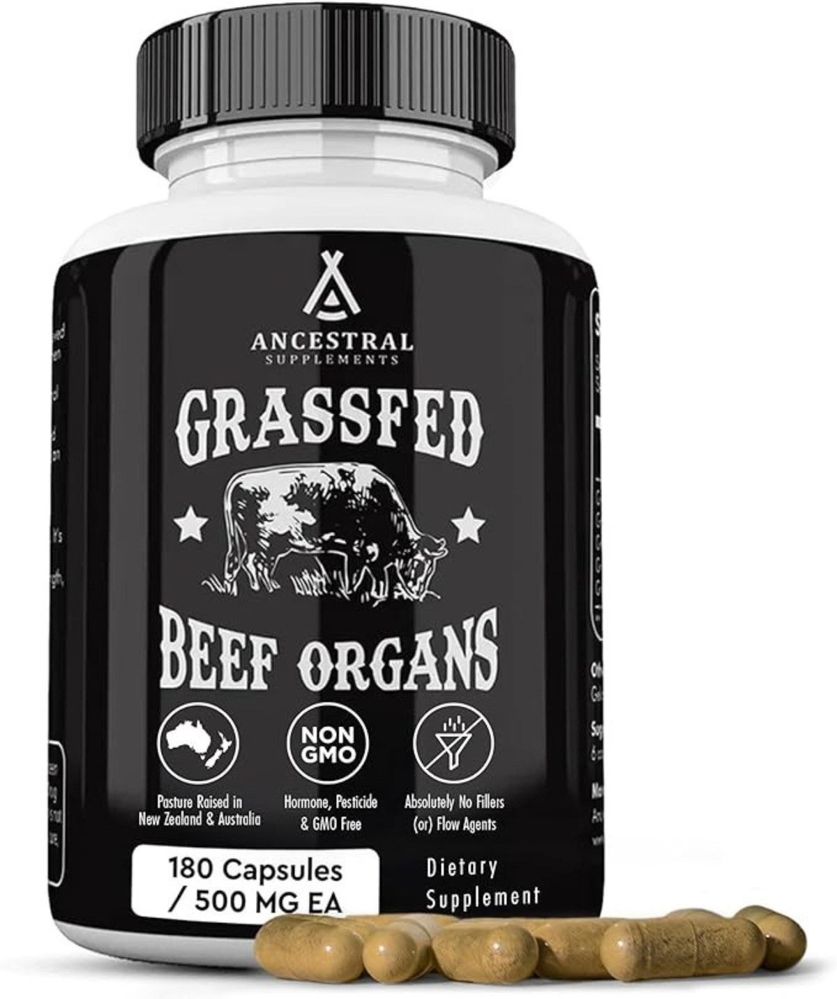 Ancestral Supplements Grass Fed Beef Organ Supplement – Non-GMO, 180 Capsules