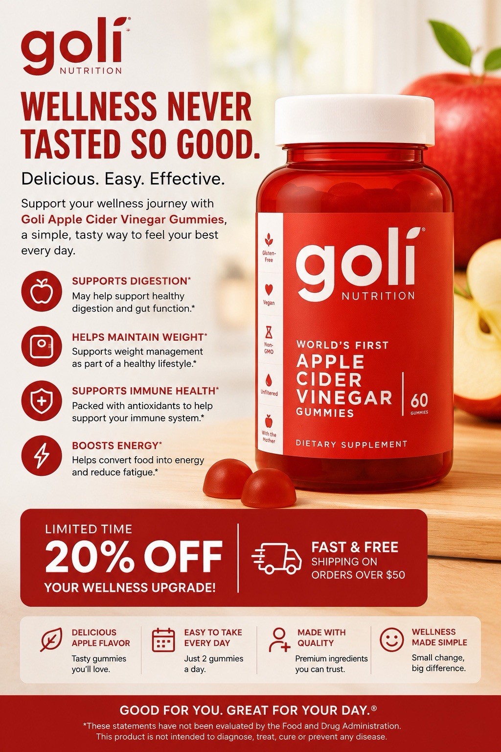 Goli Apple Cider Vinegar Gummy Vitamins 60 Gummies 2pck