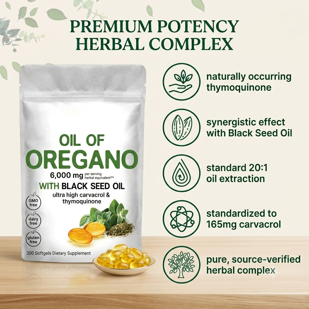 Oil of Oregano 6000mg with Black Seed Oil – 300 Softgels 2 in 1 Immune Pack of 2