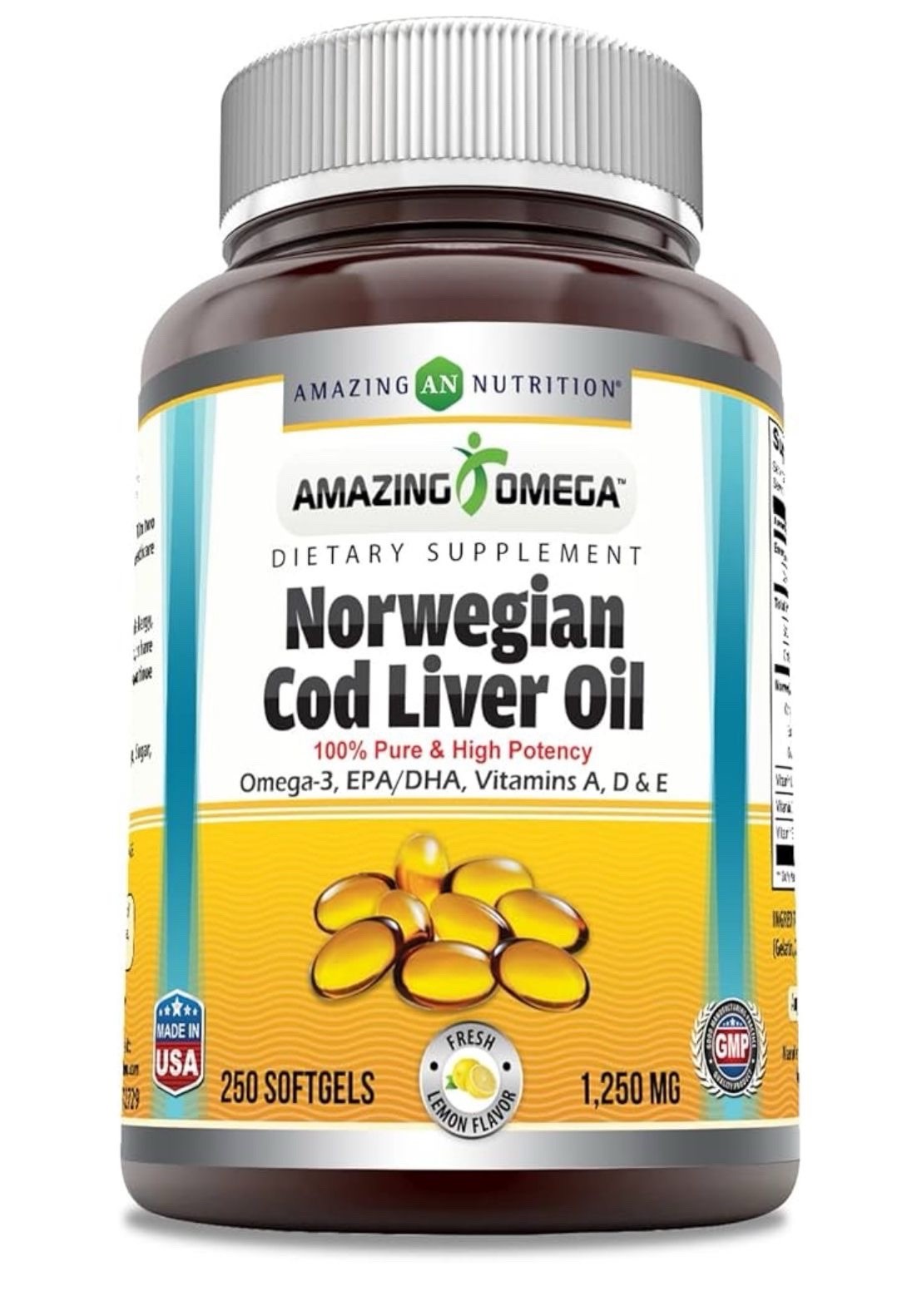 Amazing Norwegian Cod Liver Oil 1250mg Omega 3 250 softgels fresh Lemon Flavor