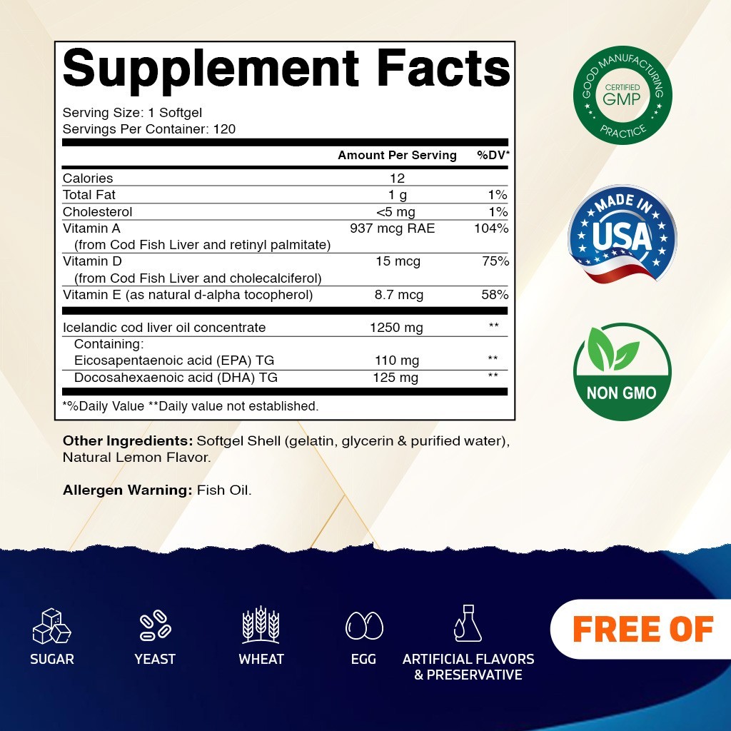 Vitamatic Norwegian Cod Liver Oil 1250mg 120 Softgels (Lemon Flavor)