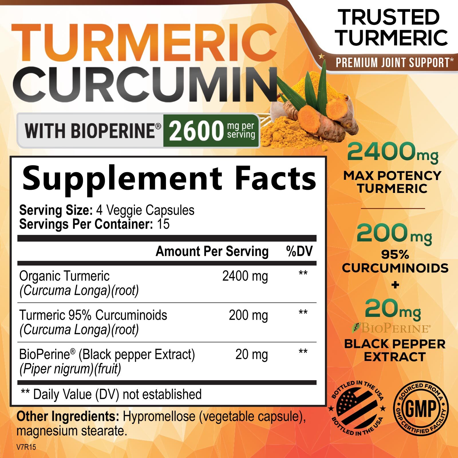Turmeric Curcumin with Bioperine 2600mg High Absorption Triple Strength Capsules