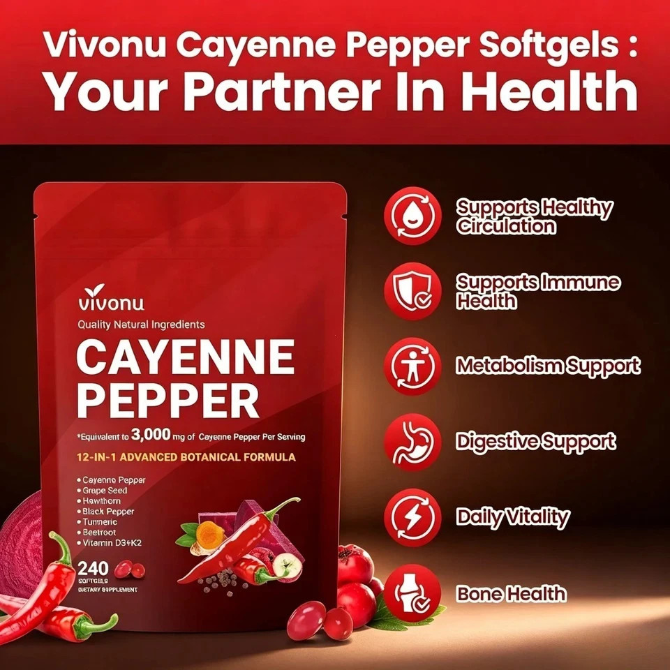 VivoNu Cayenne Pepper Softgels – 240 Capsules for Circulation & Heart Health
