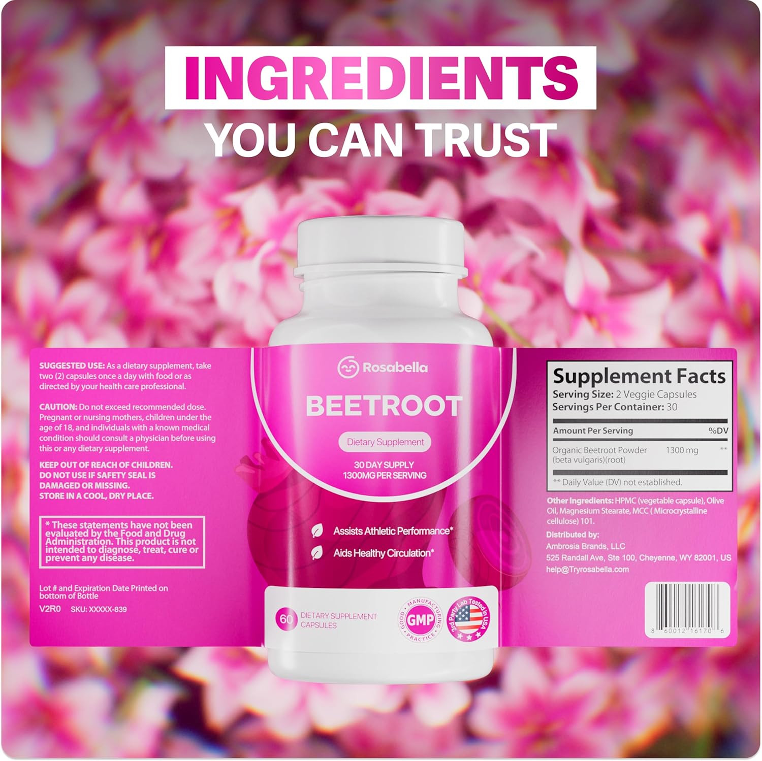 Rosabella Organic Beetroot 1300mg 3-Pk – Circulation & Vitality – 180ct