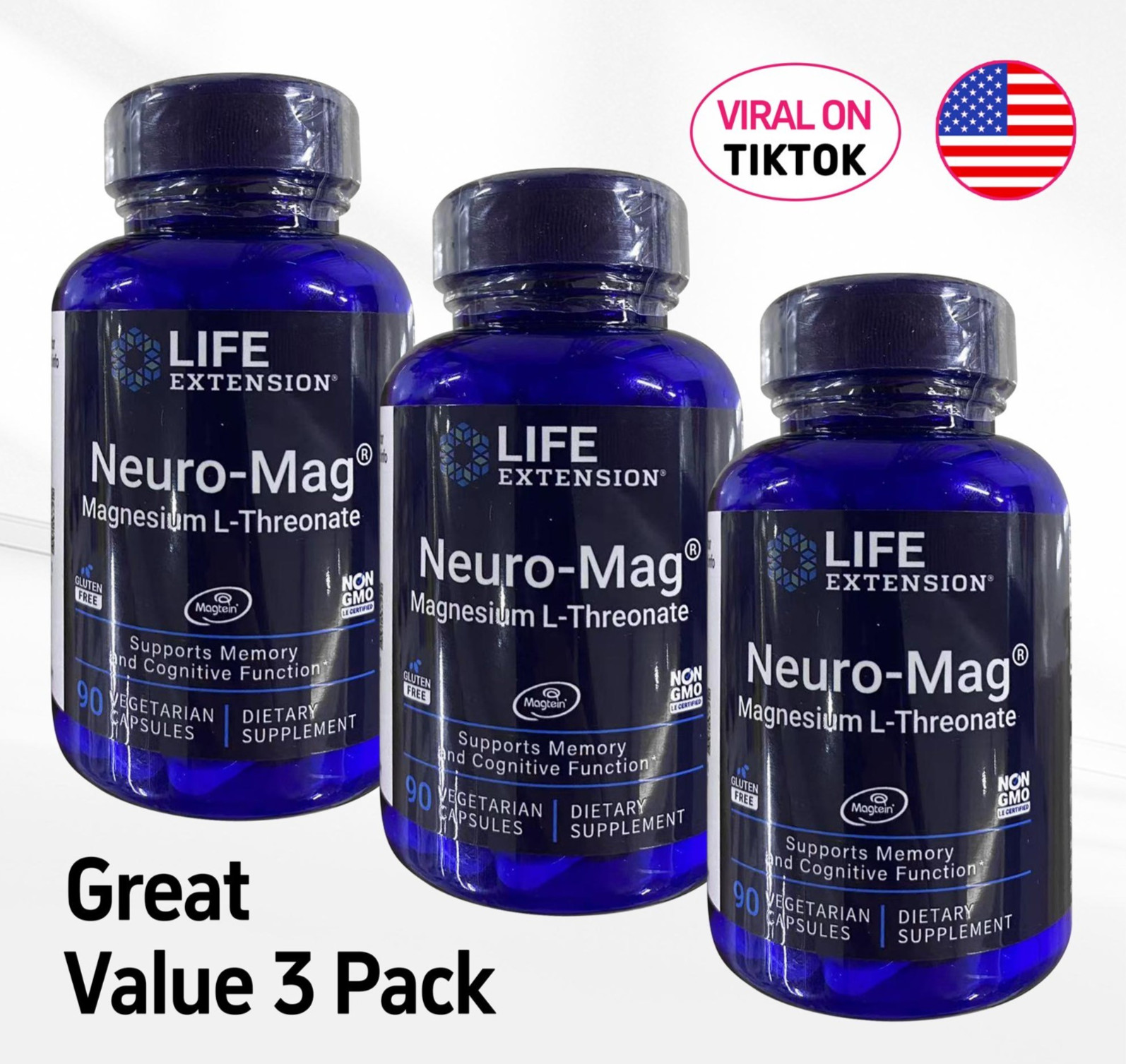 3 PACK Neuro-Mag Magnesium L-Threonate from 2000 mg Magtein Life Extension BEST