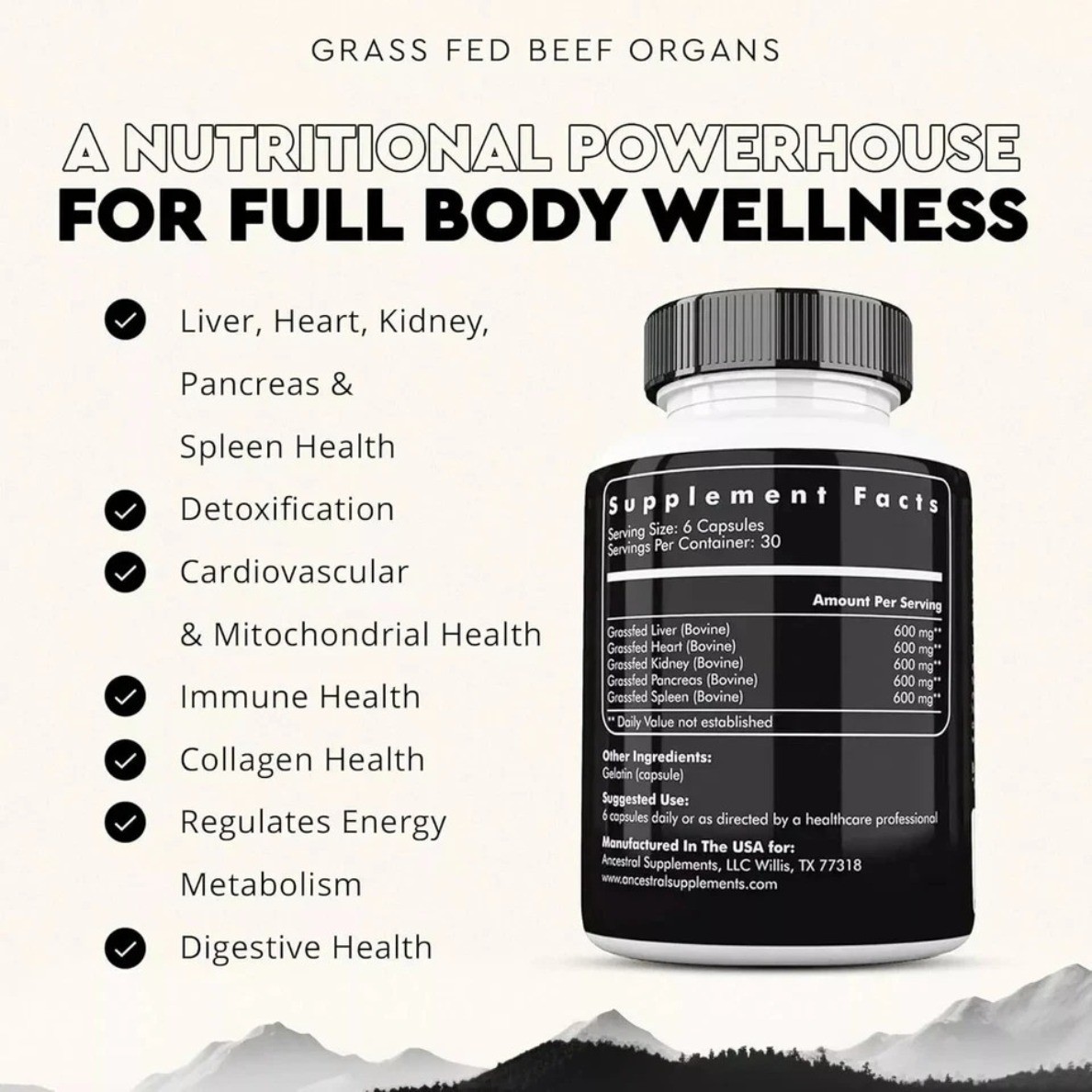 Ancestral Supplements Grass Fed Beef Organ Supplement 180 Capsules Non-GMO new