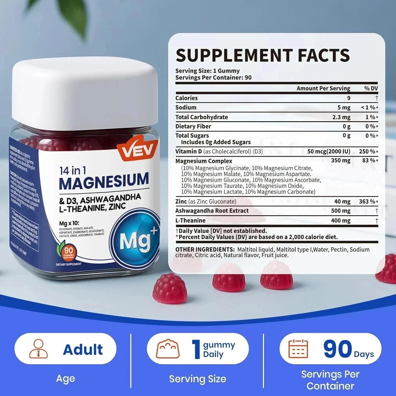VEV 14-in-1 Magnesium Gummies – 10 Mg Types + D3, Ashwagandha – 90 Ct (2-Pack )
