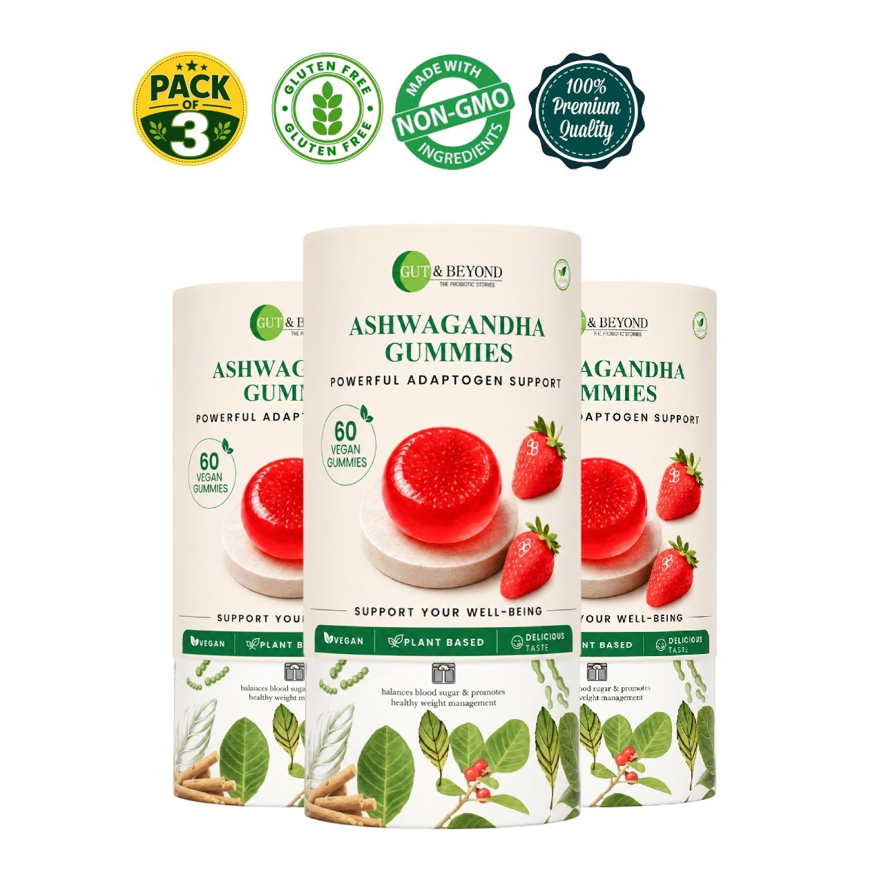 Gut & Bey.ond Ashwagandha Gummies 60 Pack of 3 Strawberry