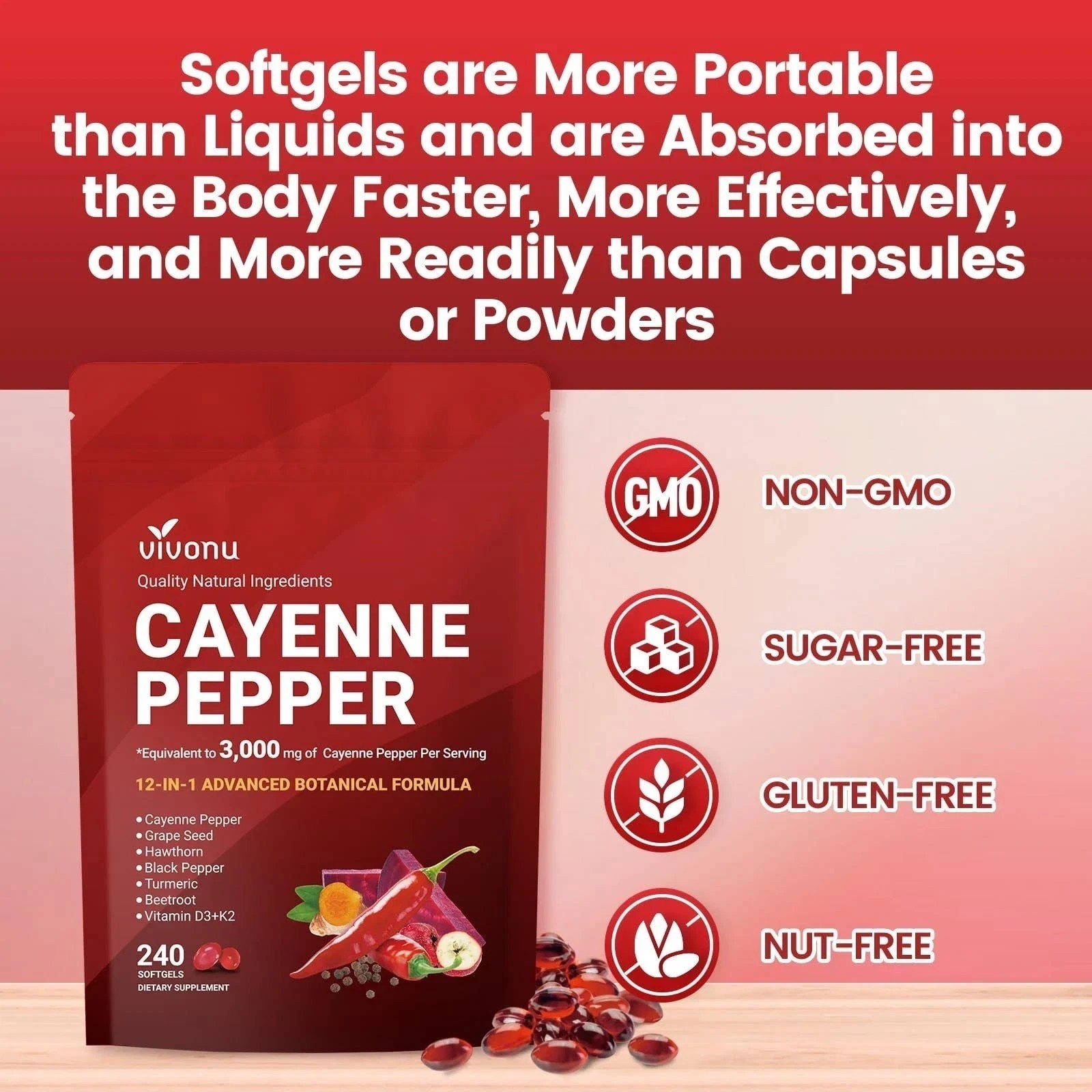 3PCS Cayenne Pepper Softgels Supplement,Supports Leg Vein,Heart and Blood Vessel