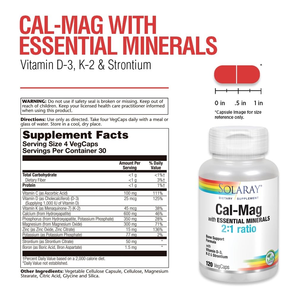 Solaray Cal-Mag Essential Minerals Calcium Magnesium Strontium Vitamins D-3 K-2