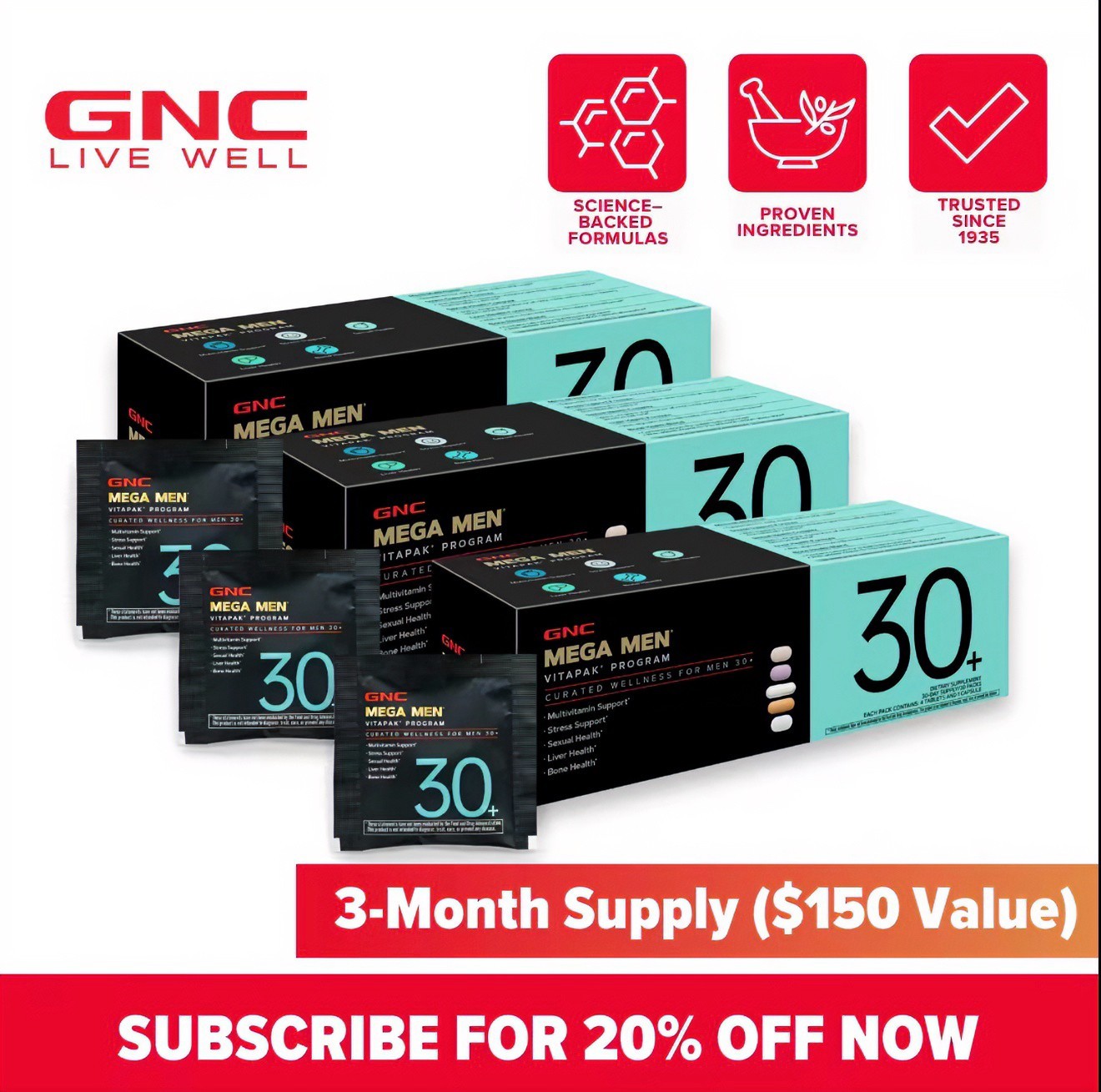 3 pcs GNC Mega Men 30+ Vitapak Program Daily Nutrition Pack Liver Health care