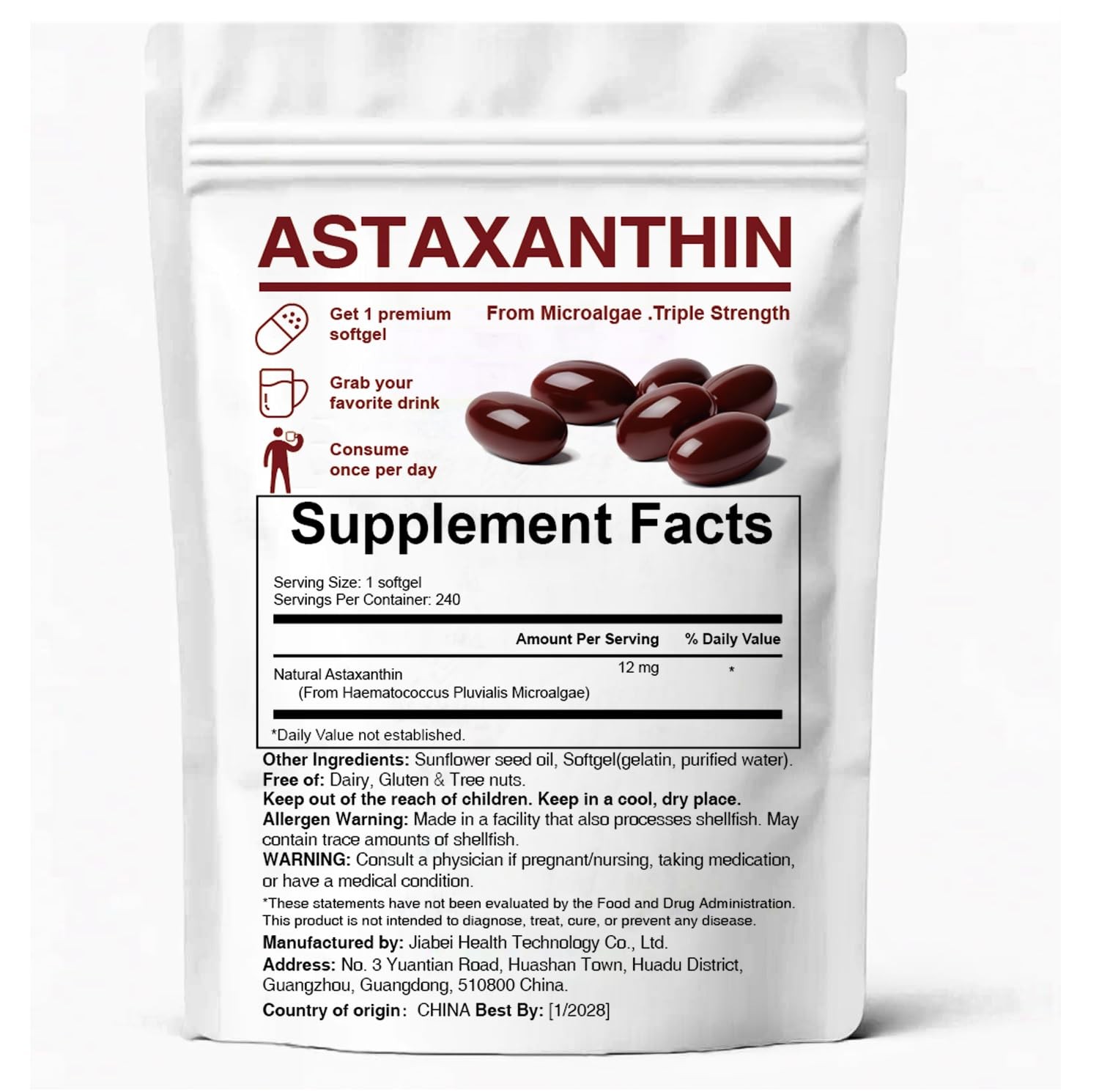 Astaxanthin 12mg, Premium 240 Count (Pack of 1), Unflavored