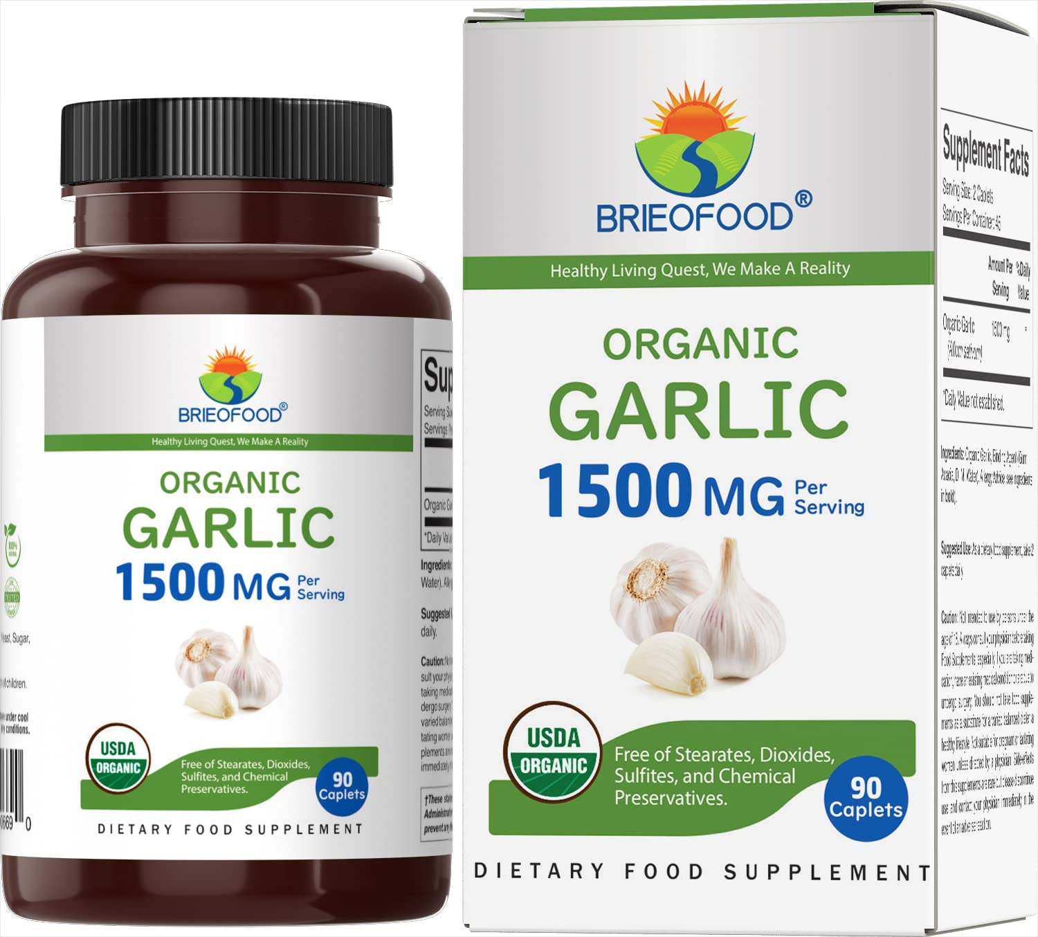 Organic Garlic 1500Mg, 45 Servings, Vegetarian, Gluten Free, 90 Vegetarian Table