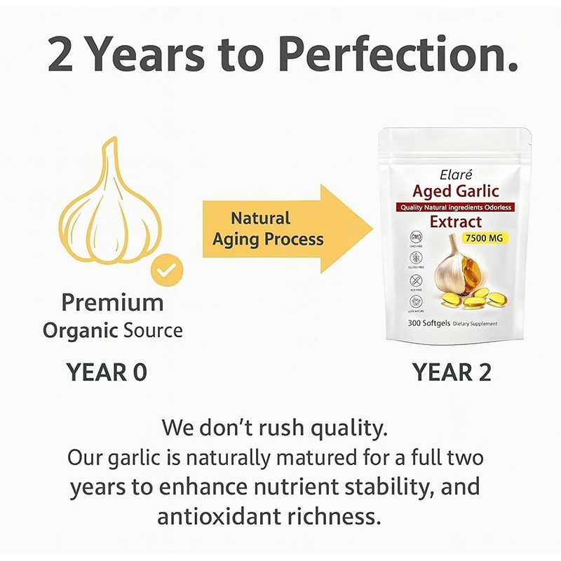 Elare Aged Garlic Extract, 300 Softgels, 7500mg Odorless | Heart & Immune Pack 1