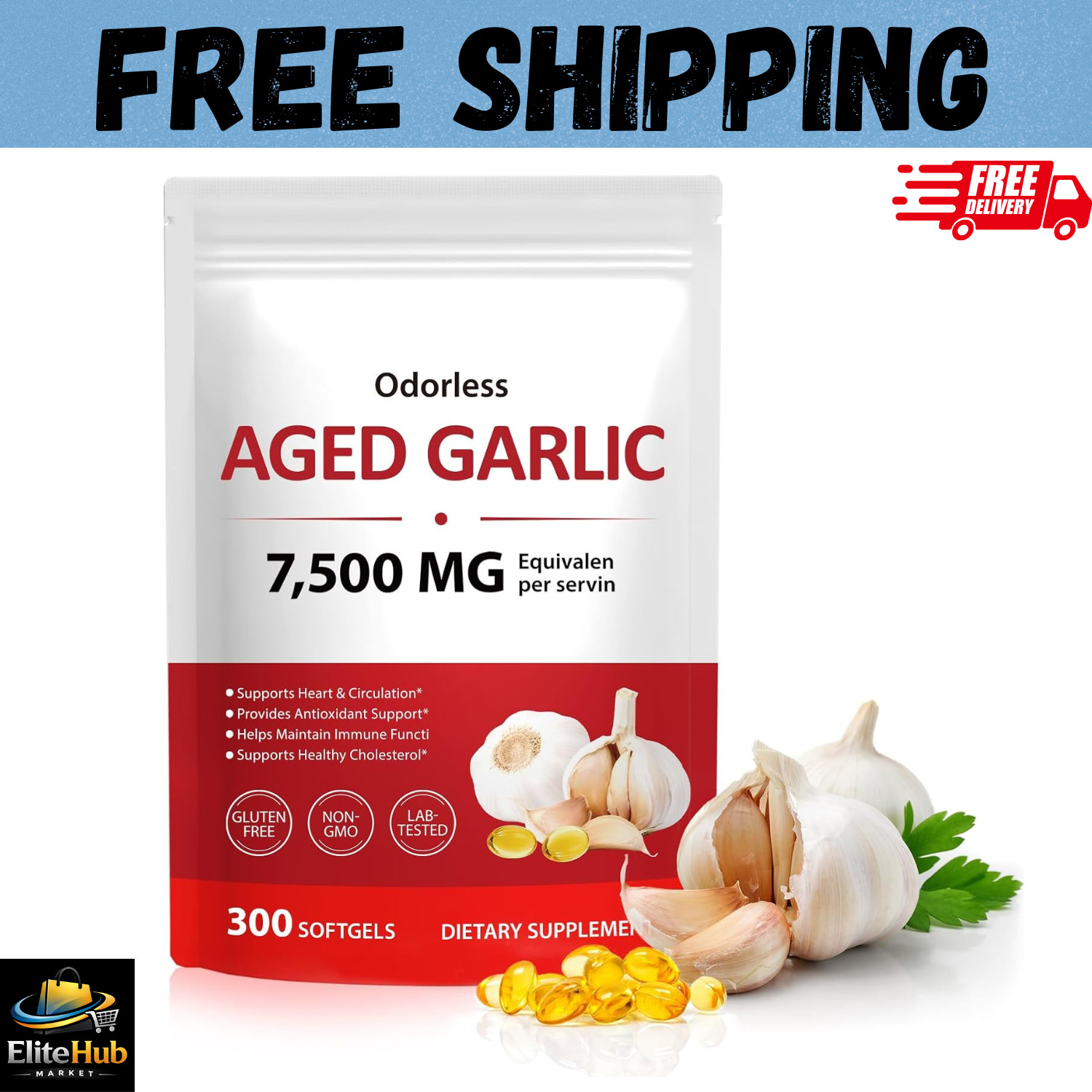 Odorless Garlic 7500Mg per Servings, 300 Softgels | 2 Years Aged Garlic Extra…