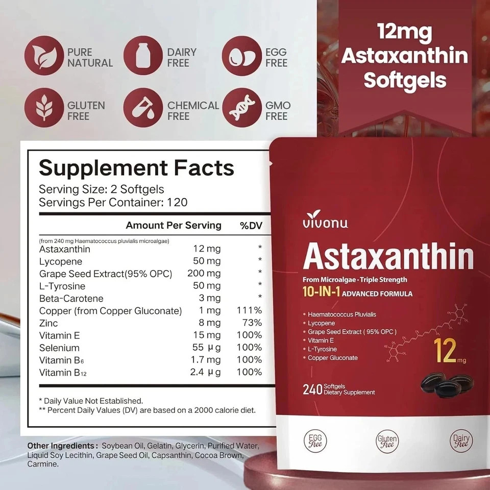 Astaxanthin 12mg Supplement 10 in 1 Antioxidant Eye Skin Joint Support
