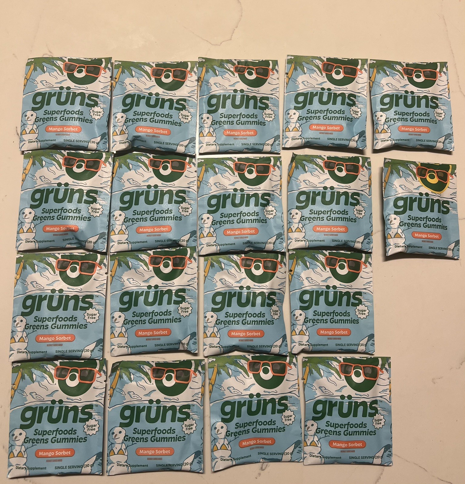 Gruns Superfoods Greens Gummies, 18 Pack Limited Edition Mango Sorbet, And Merch