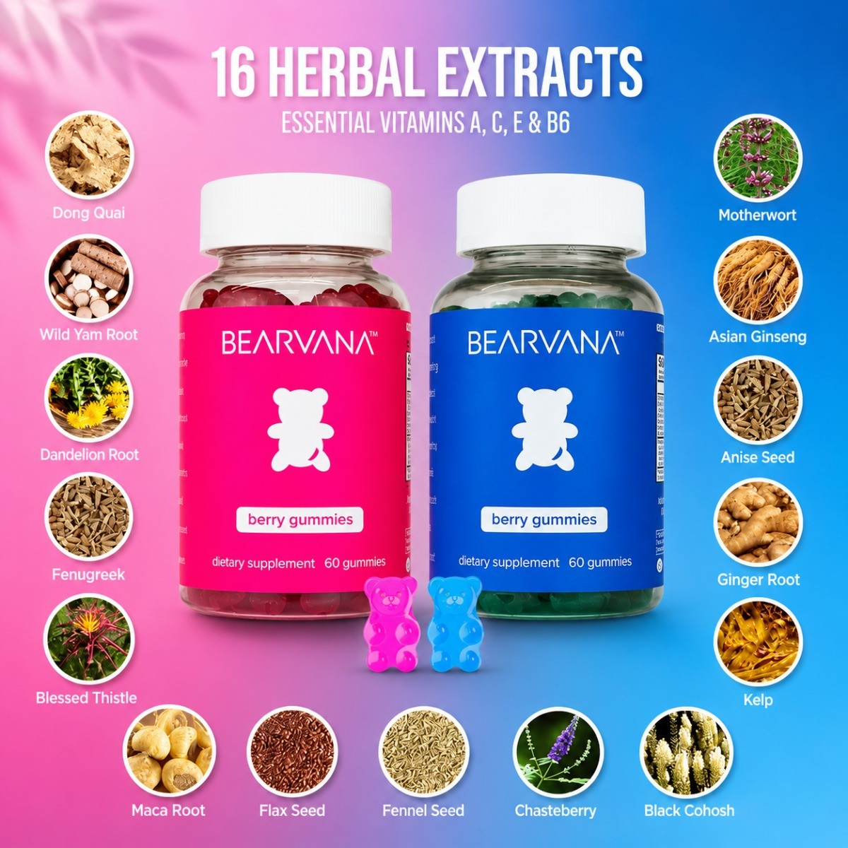 Bearvana Combo Gummy,16Natural Herbs Balance Body&Boost Daily Wellness for Women