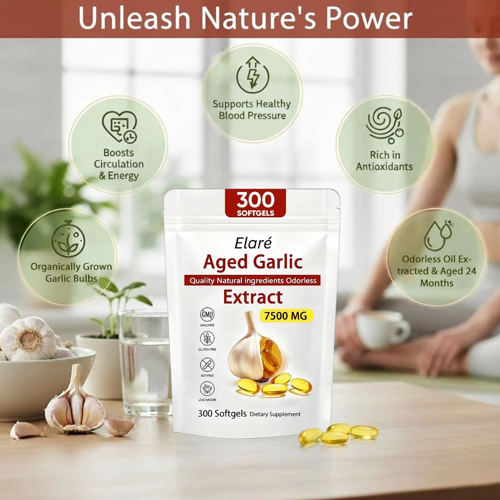 1-3pk Elare Aged Garlic Extract 300 Odorless 7500mg Softgels Heart Immune