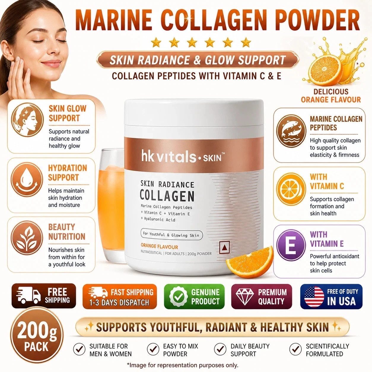 HK Vitals Marine Collagen Powder Orange Vit C E Skin Radiance 200gm Exp 2028